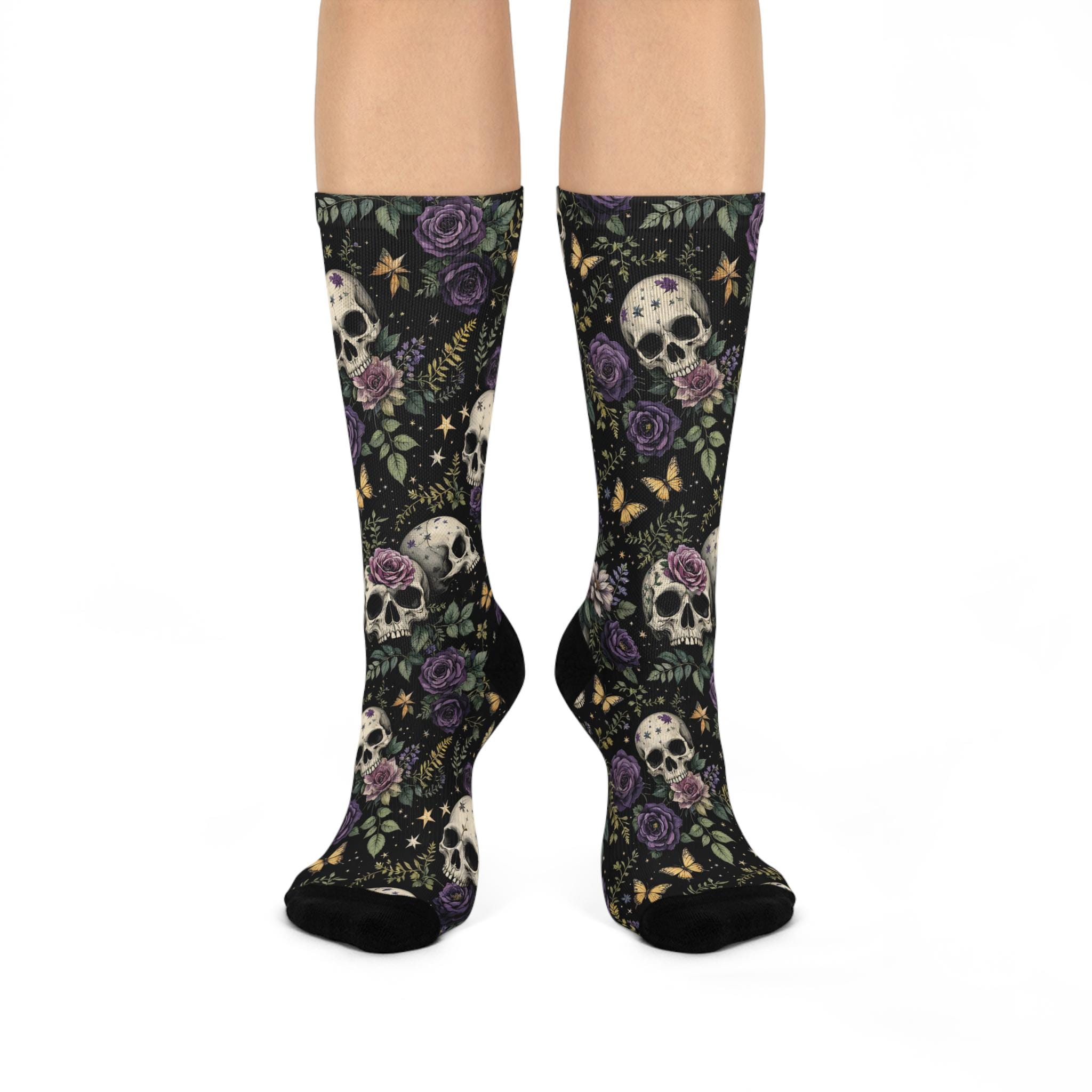Purple Rose Skulls Socks, Butterfly Wildflower Cottagecore Witchy Socks, Fantasy Gothic Fashion, Hippie Womens Adults Unisex Socks