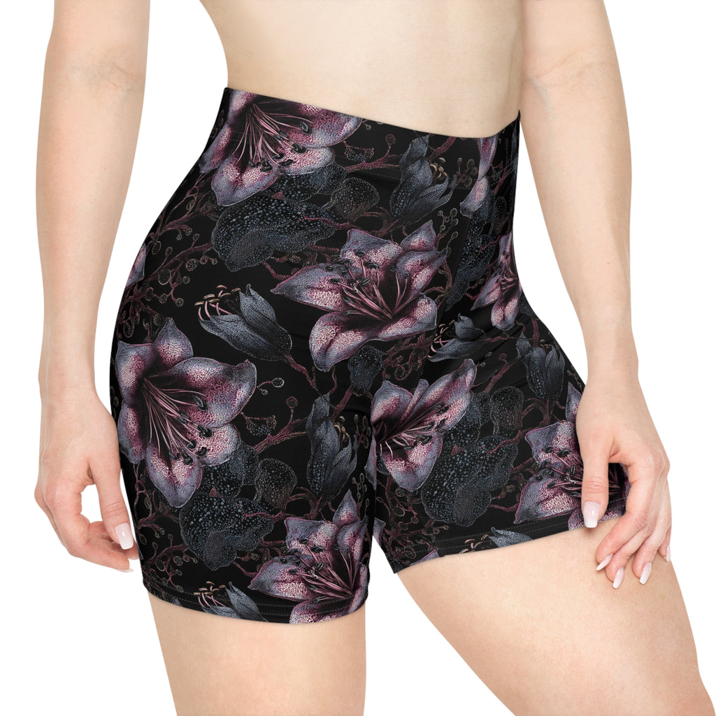 Pink Lily Floral Noir Biker Shorts