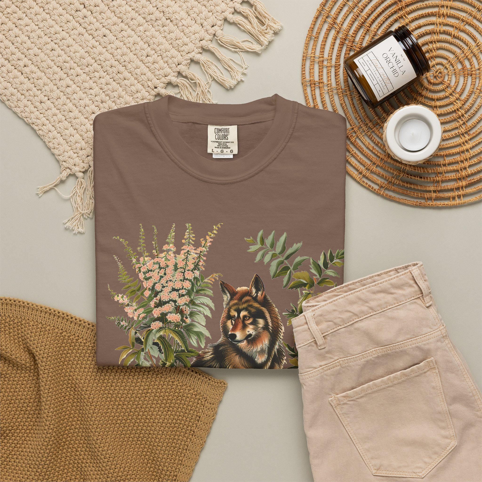 Botanical Wolf Wildflower T-shirt, Comfort Colors Bohemian Graphic Tee, Botanical Animal Womens Top