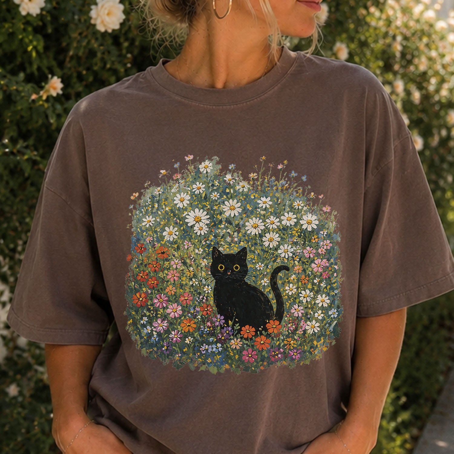 Black Cat Wildflower T-Shirt