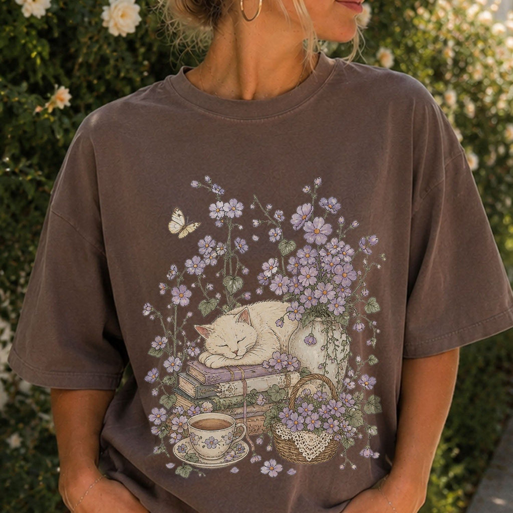 Sleeping Cat Purple Wildflower T-Shirt