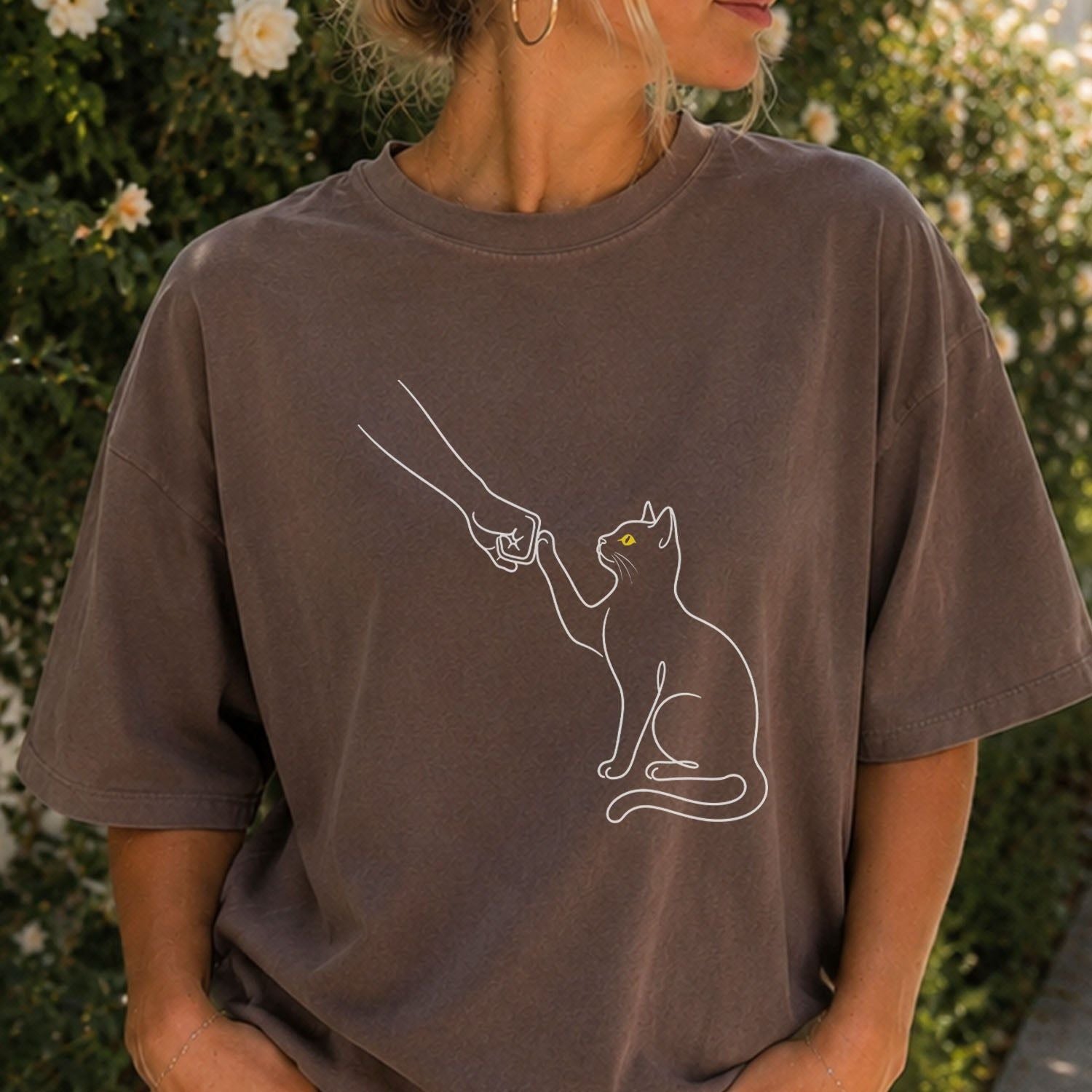 Cat Fist Bump Line Graphic T-Shirt