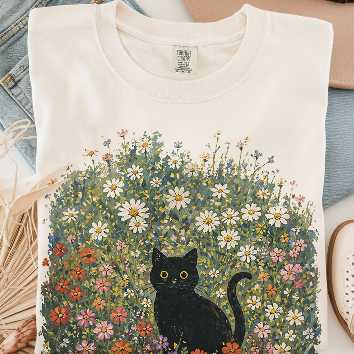 Black Cat Wildflower T-Shirt
