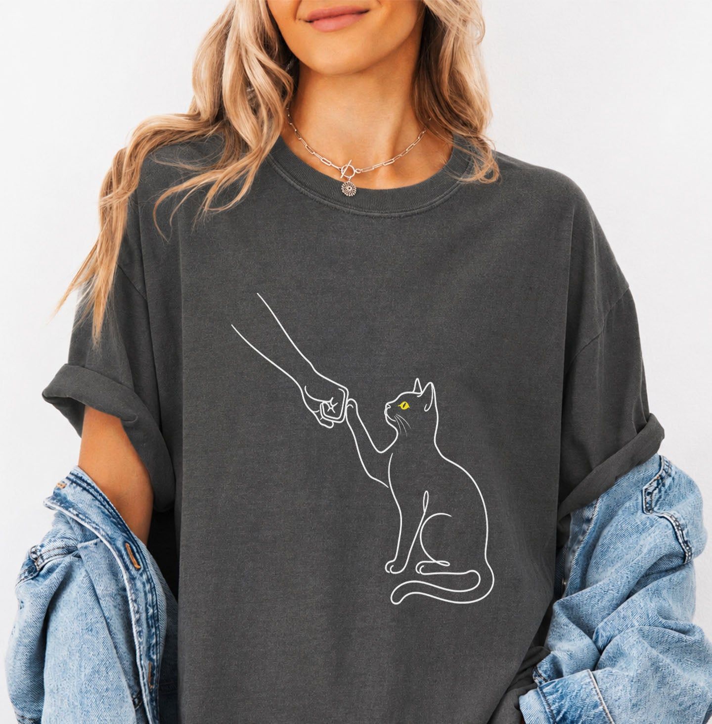Cat Fist Bump Line Graphic T-Shirt