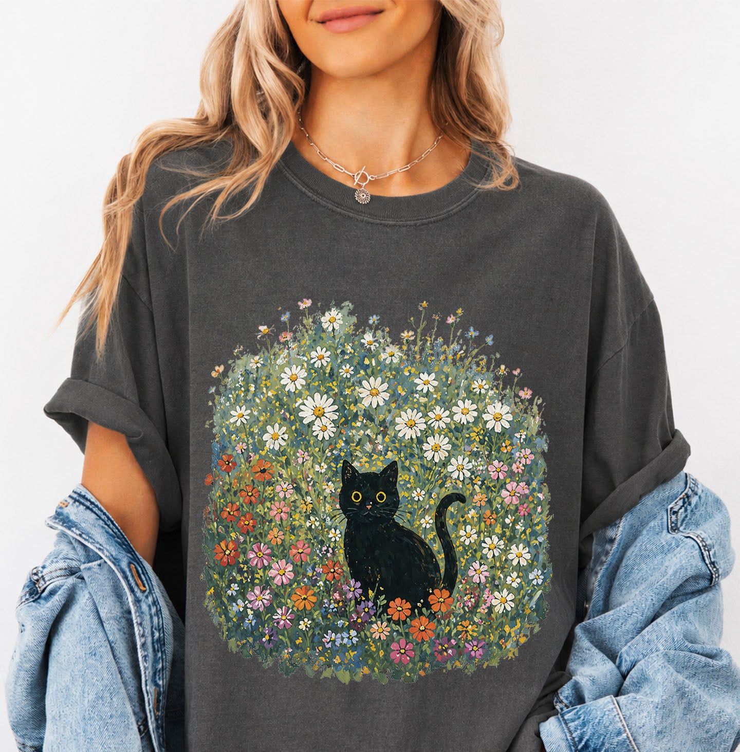 Black Cat Wildflower T-Shirt