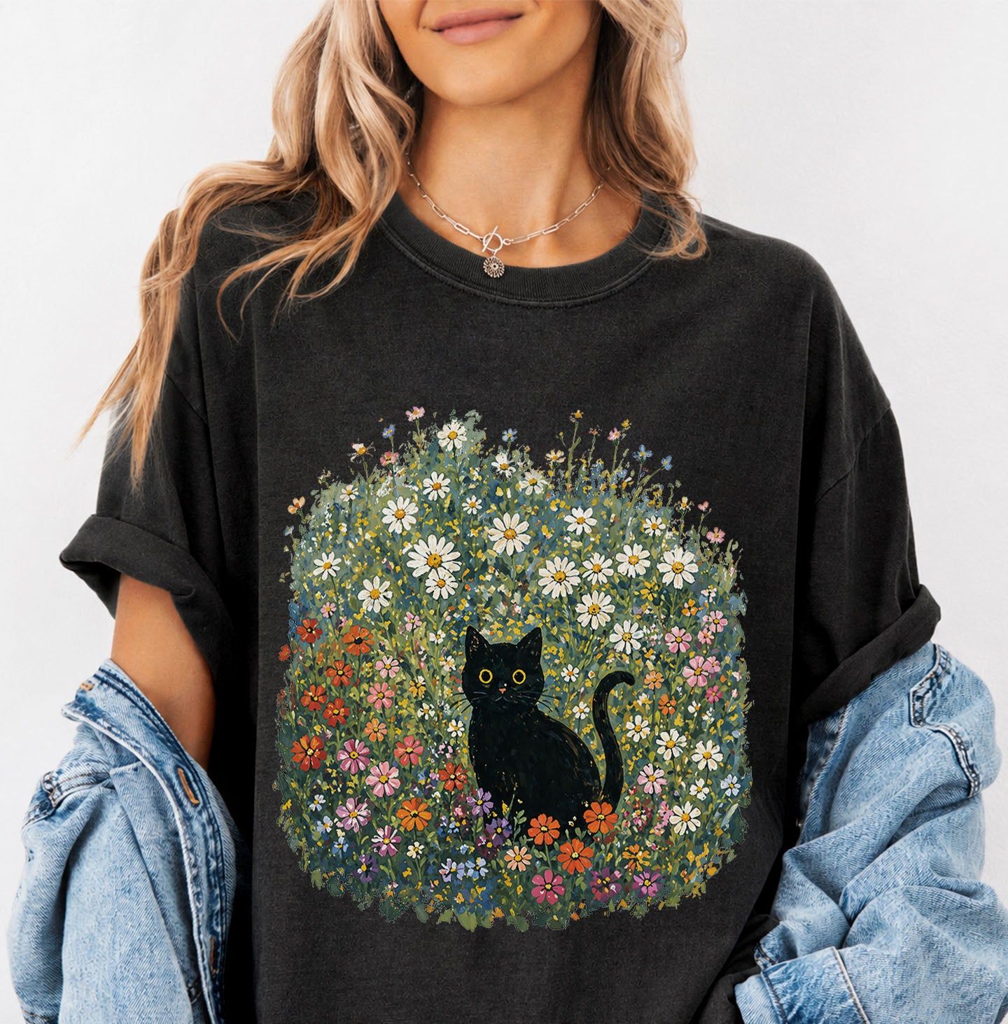 Black Cat Wildflower T-Shirt