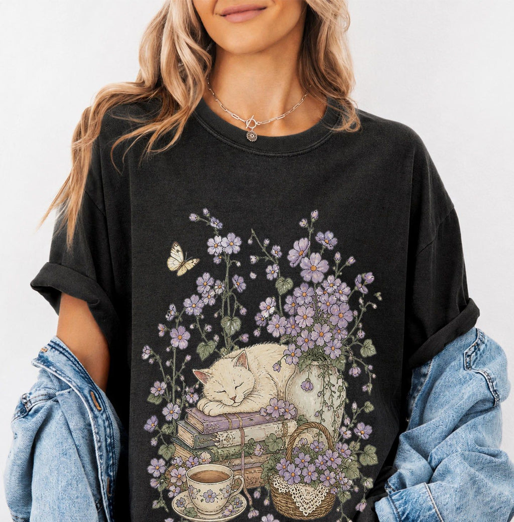 Sleeping Cat Purple Wildflower T-Shirt