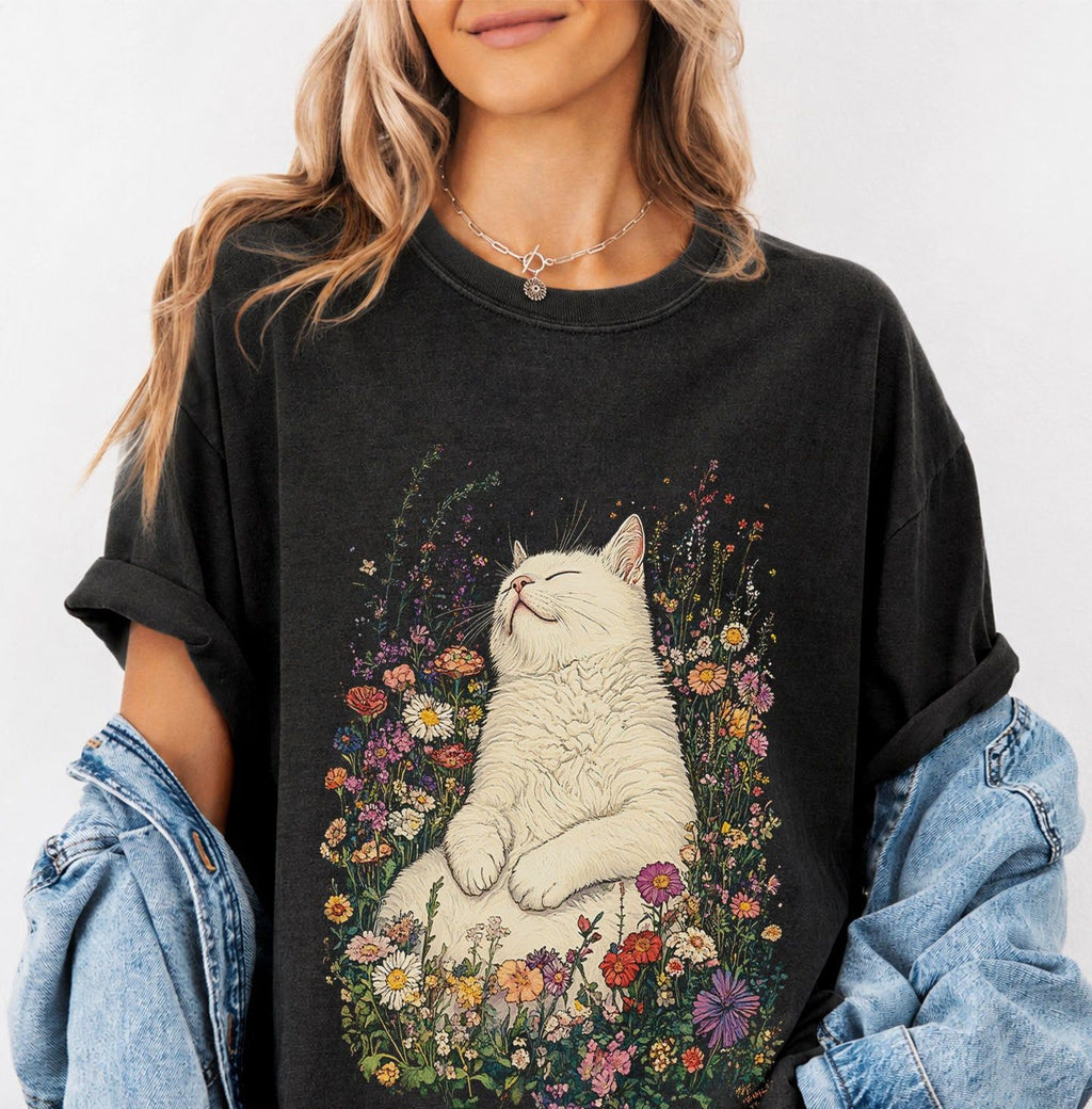 Sleeping Cat Flower T-shirt