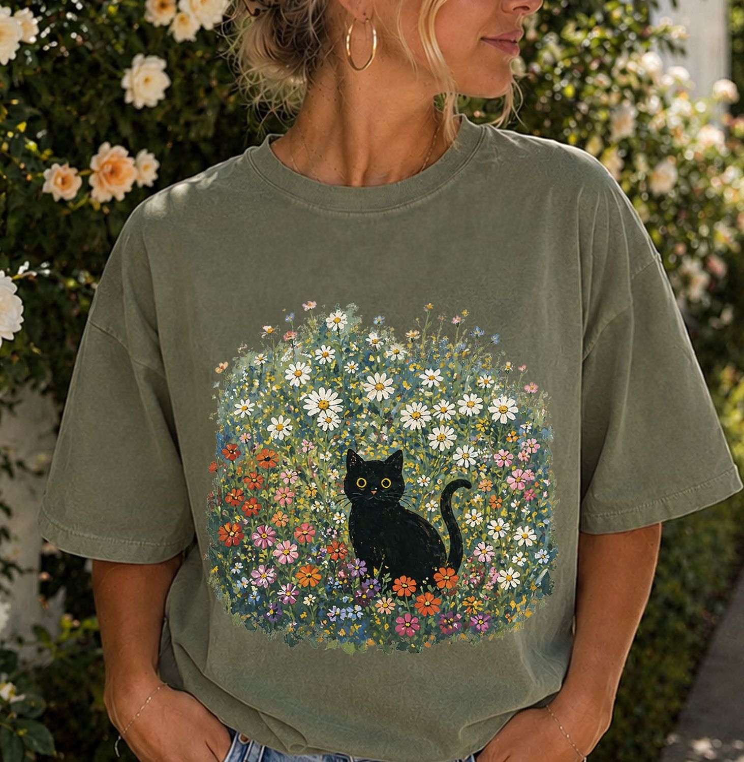 Black Cat Wildflower T-Shirt
