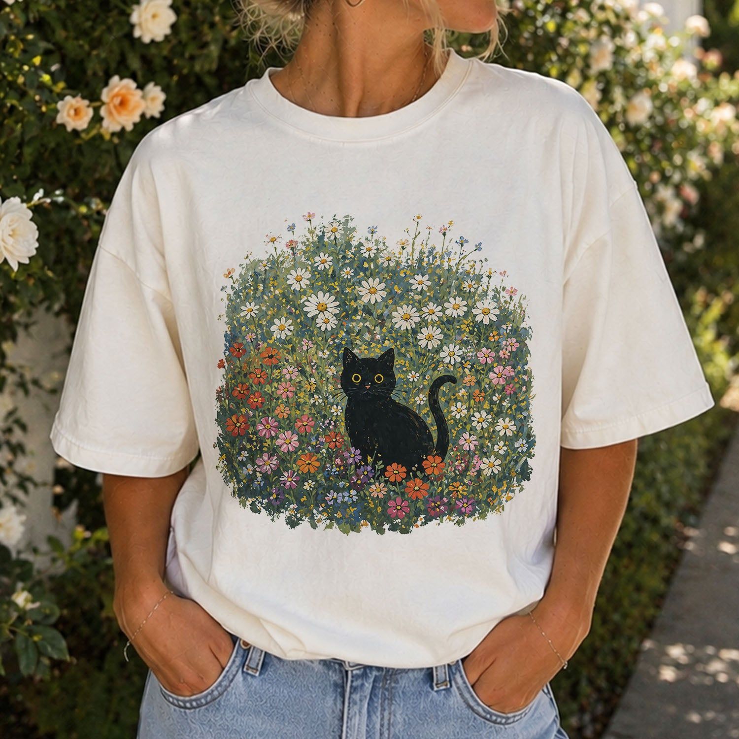 Black Cat Wildflower T-Shirt