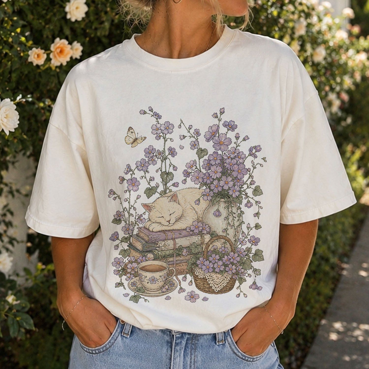 Sleeping Cat Purple Wildflower T-Shirt