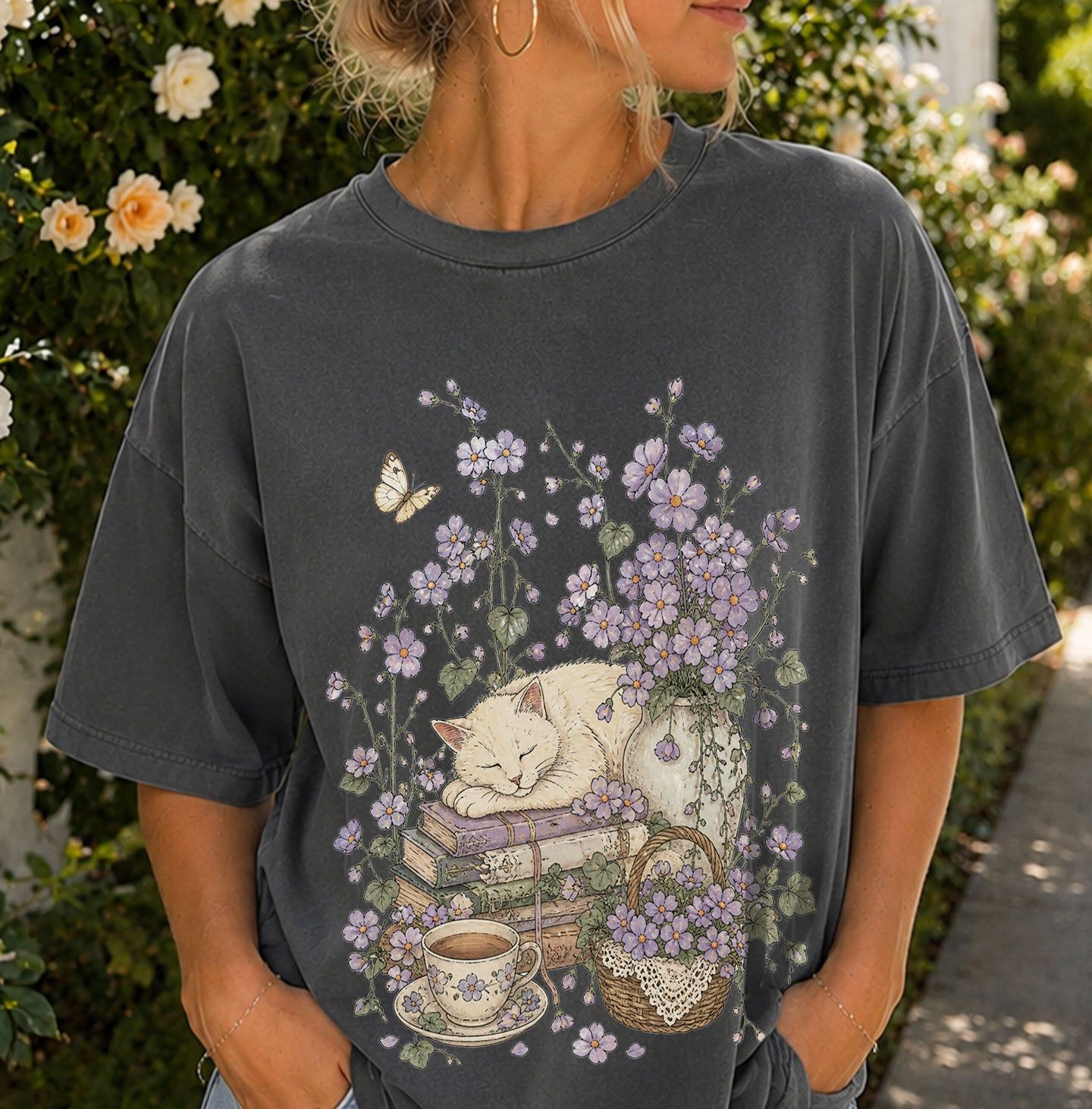 Sleeping Cat Purple Wildflower T-Shirt