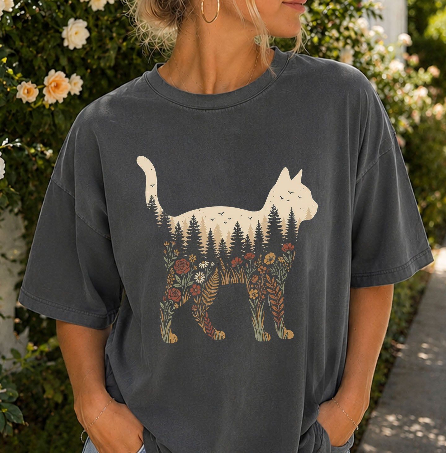 Cat Wildflower Graphic T-shirt