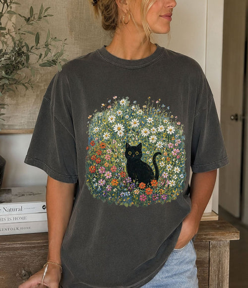 Black Cat Wildflower T-Shirt