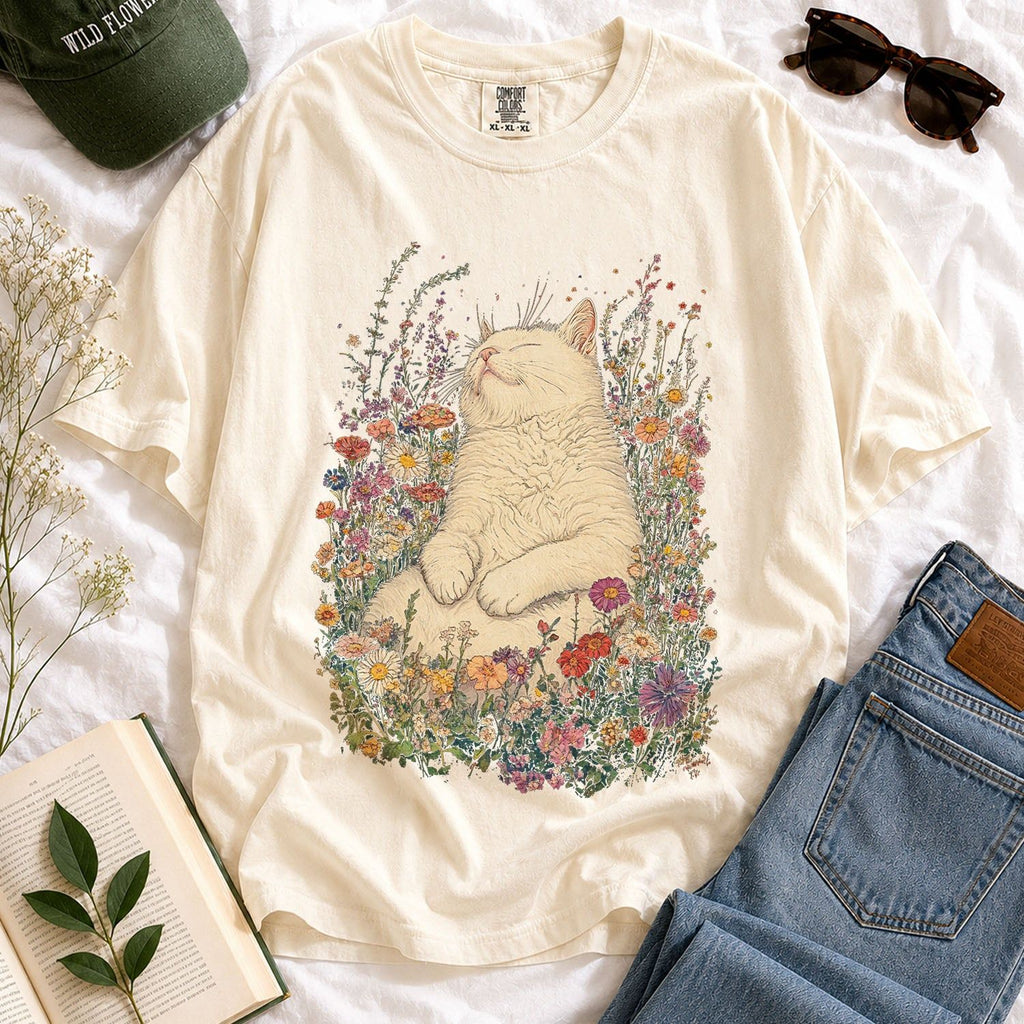 Sleeping Cat Flower T-shirt