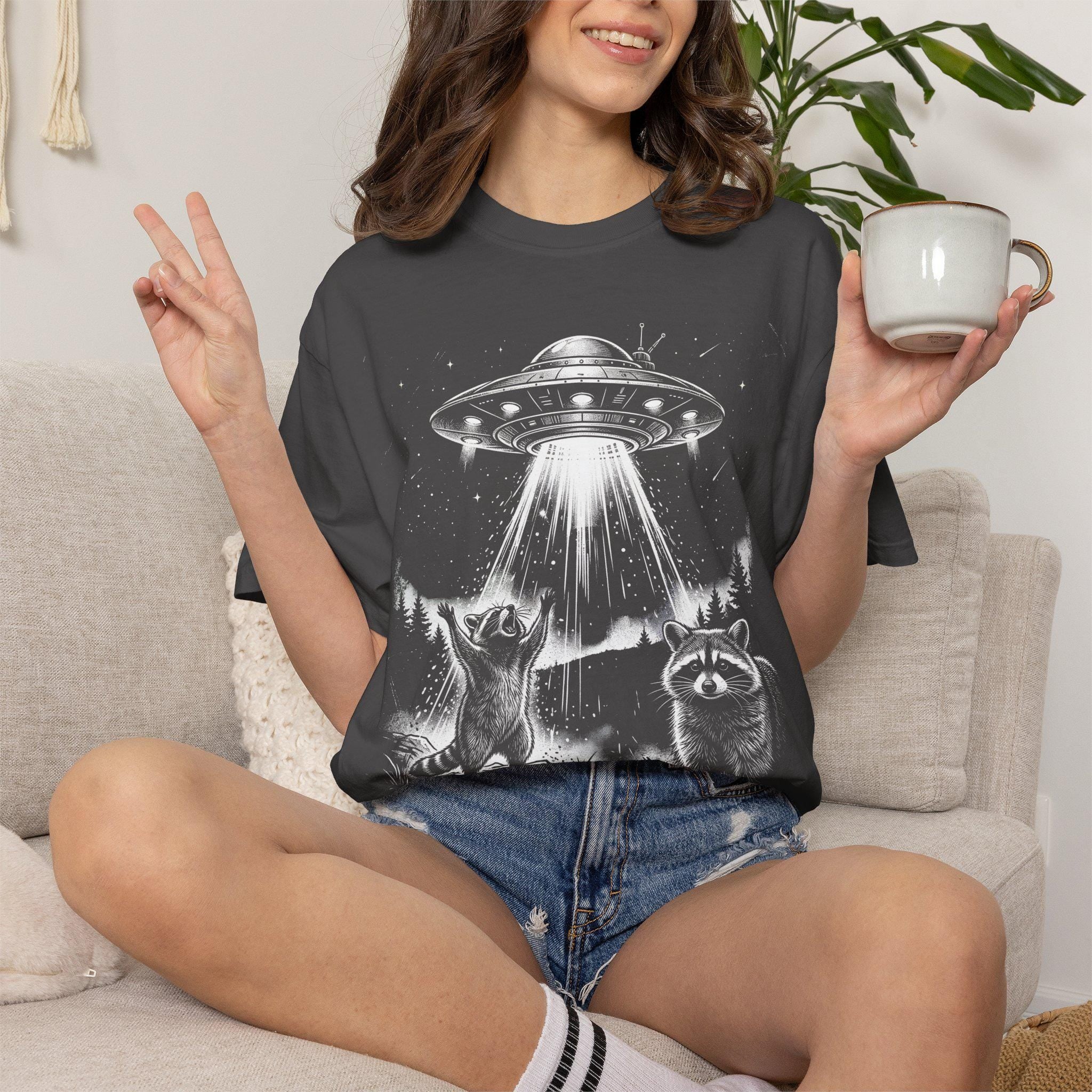 Raccoon Alien Invasion T-shirt, Comfort Colors UFO Graphic Tee, Funny Witchy Cottagecore Animal Womens Top, Retro Bootleg Vintage Shirt