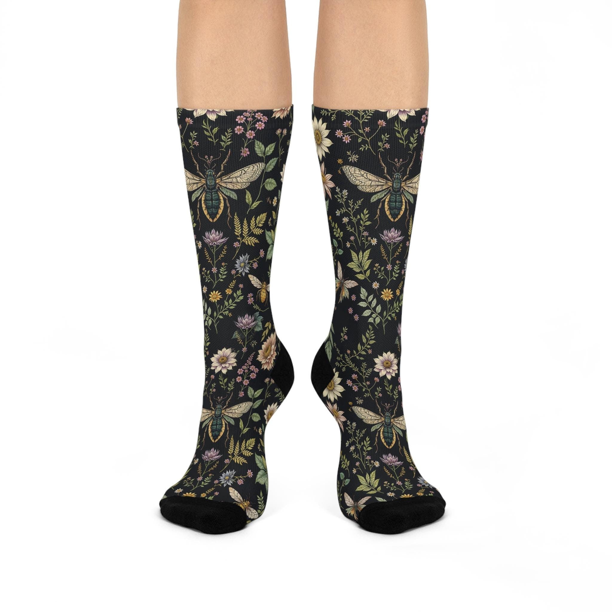 Green Wildflower Socks, Cottagecore Witchy Socks, Emo Punk Gothic Fashion, Leafy Moth Hippie Womens Adults Unisex Socks