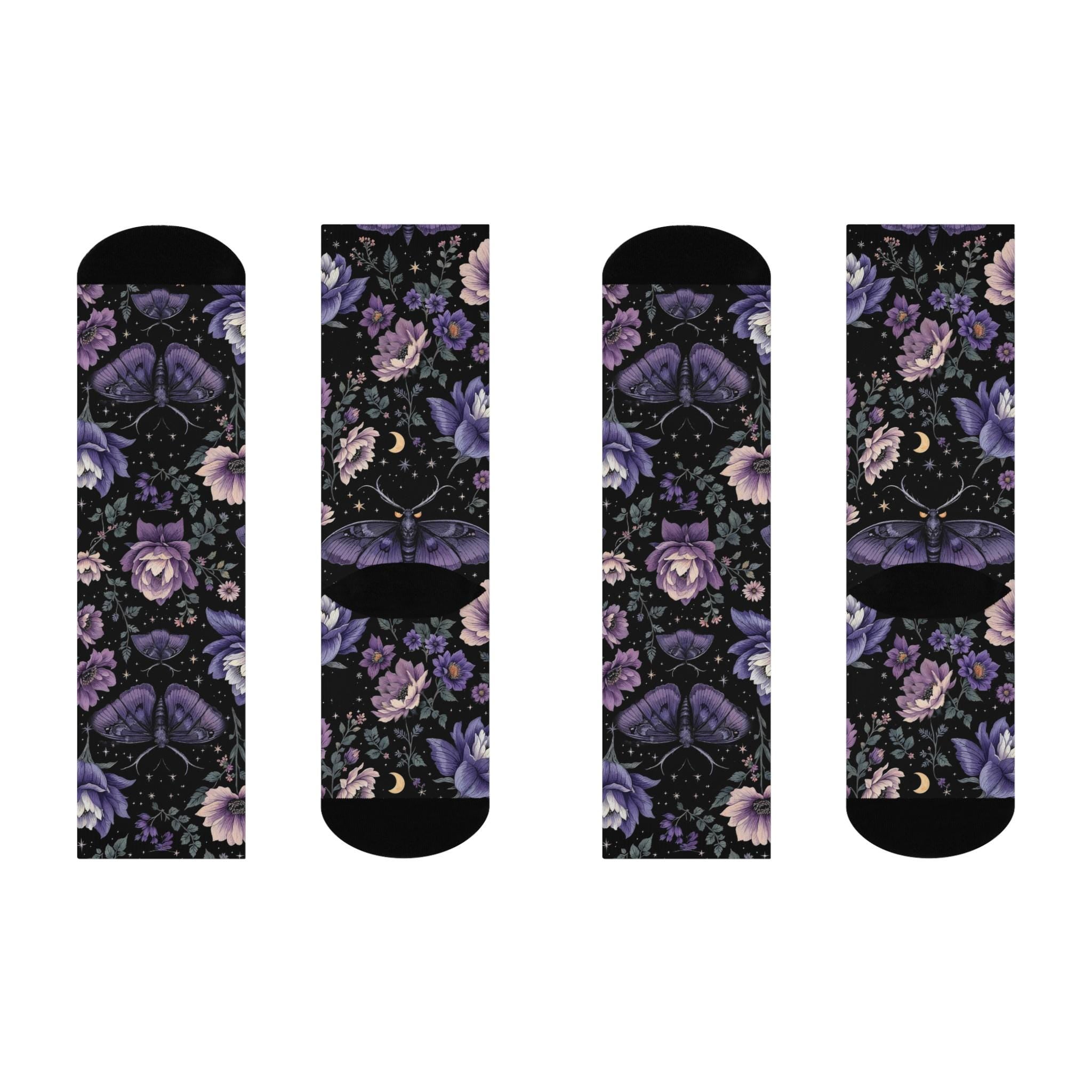 Purple Floral Butterfly Socks, Cottagecore Witchy Socks, Emo Punk Gothic Fashion, Hippie Womens Adults Unisex Socks