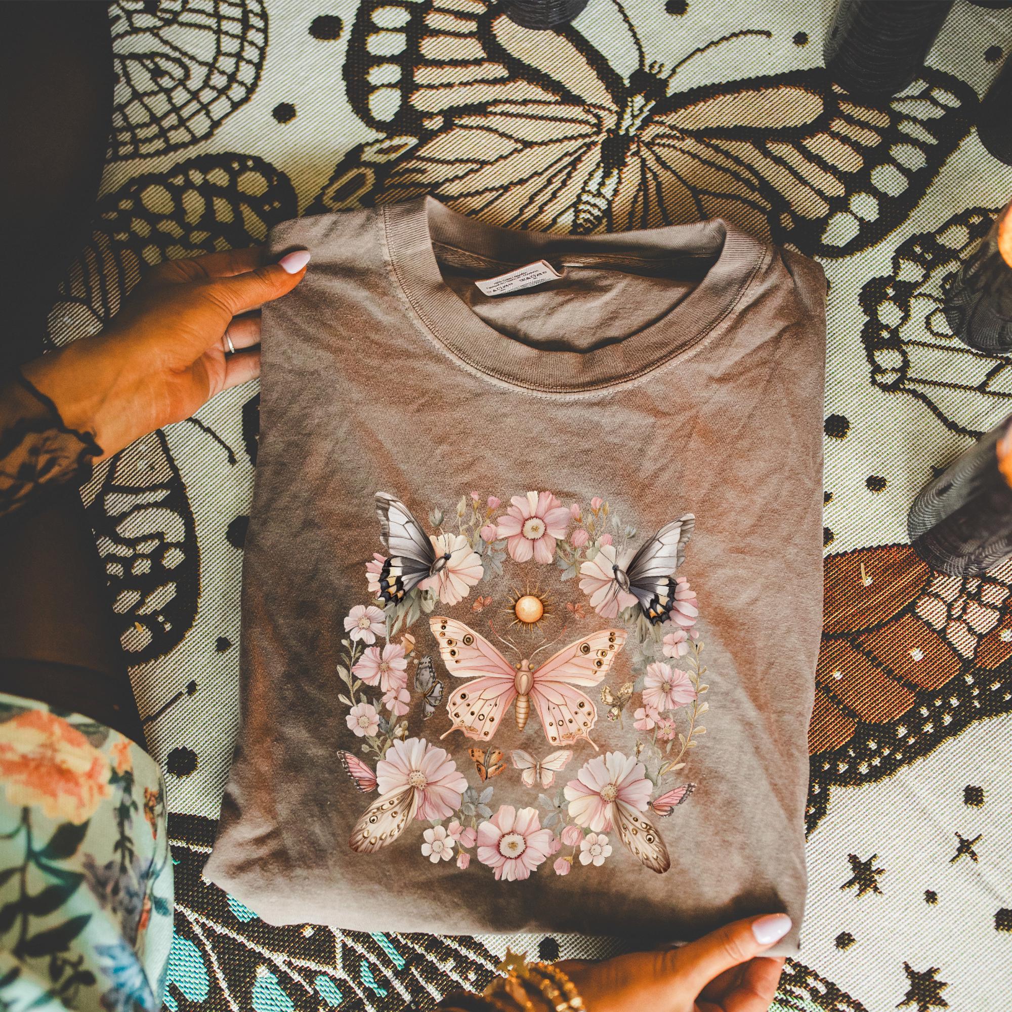 Pink Butterfly Wildflower T-shirt, Comfort Colors Cottagecore Graphic Tee, Gothic Nature Garden Lover Womens Top