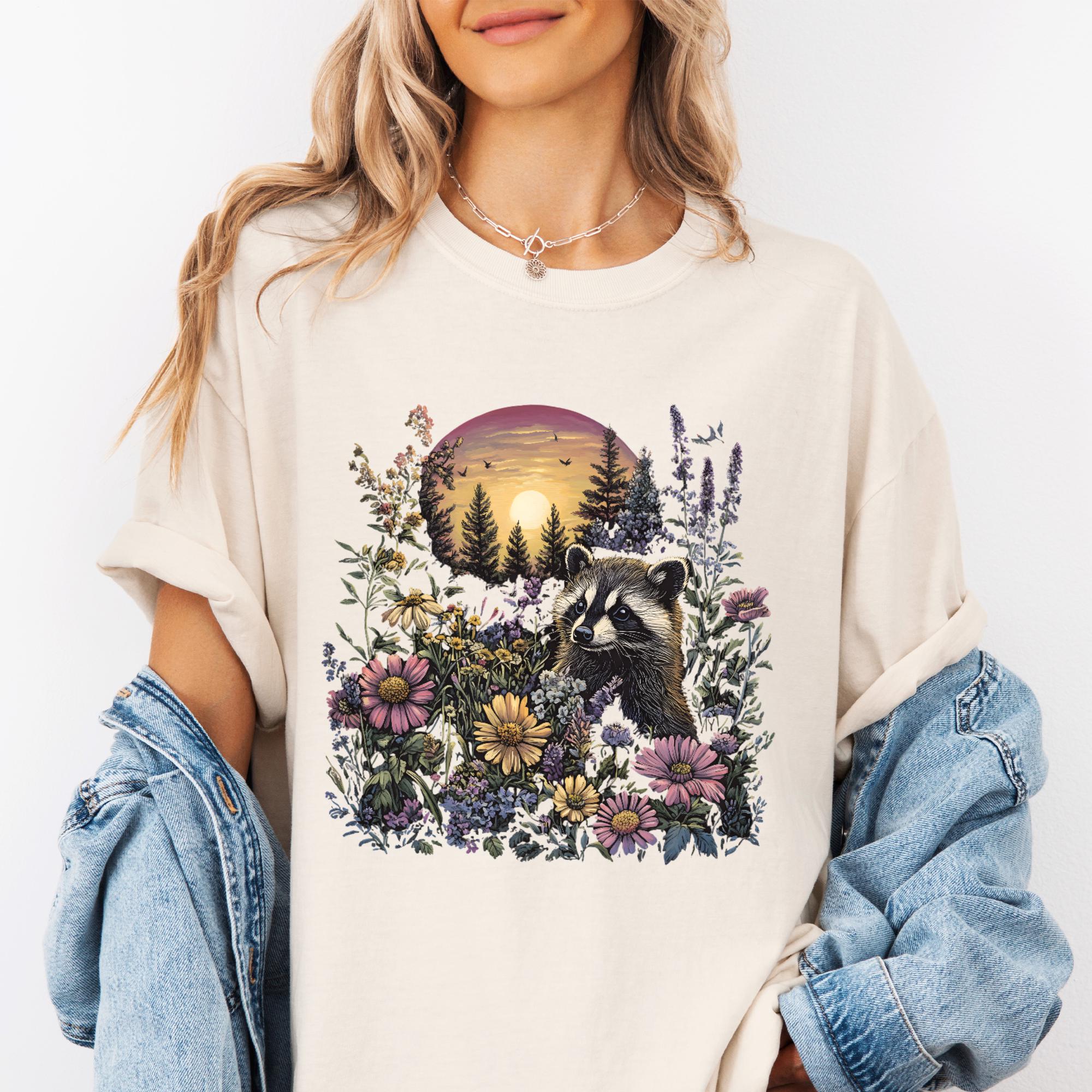 Raccoon Wildflower T-shirt, Comfort Colors Cottagecore Graphic Tee, Gothic Forest Floral Botanical Witchy Animal Womens Top