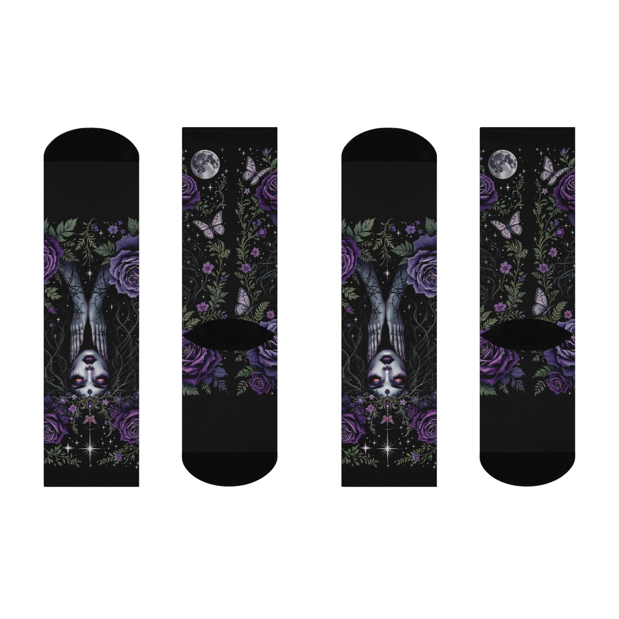 Purple Rose Gothic Goddess Socks, Cottagecore Witchy Socks, Emo Punk Fashion, Mens Womens Adults Unisex Socks