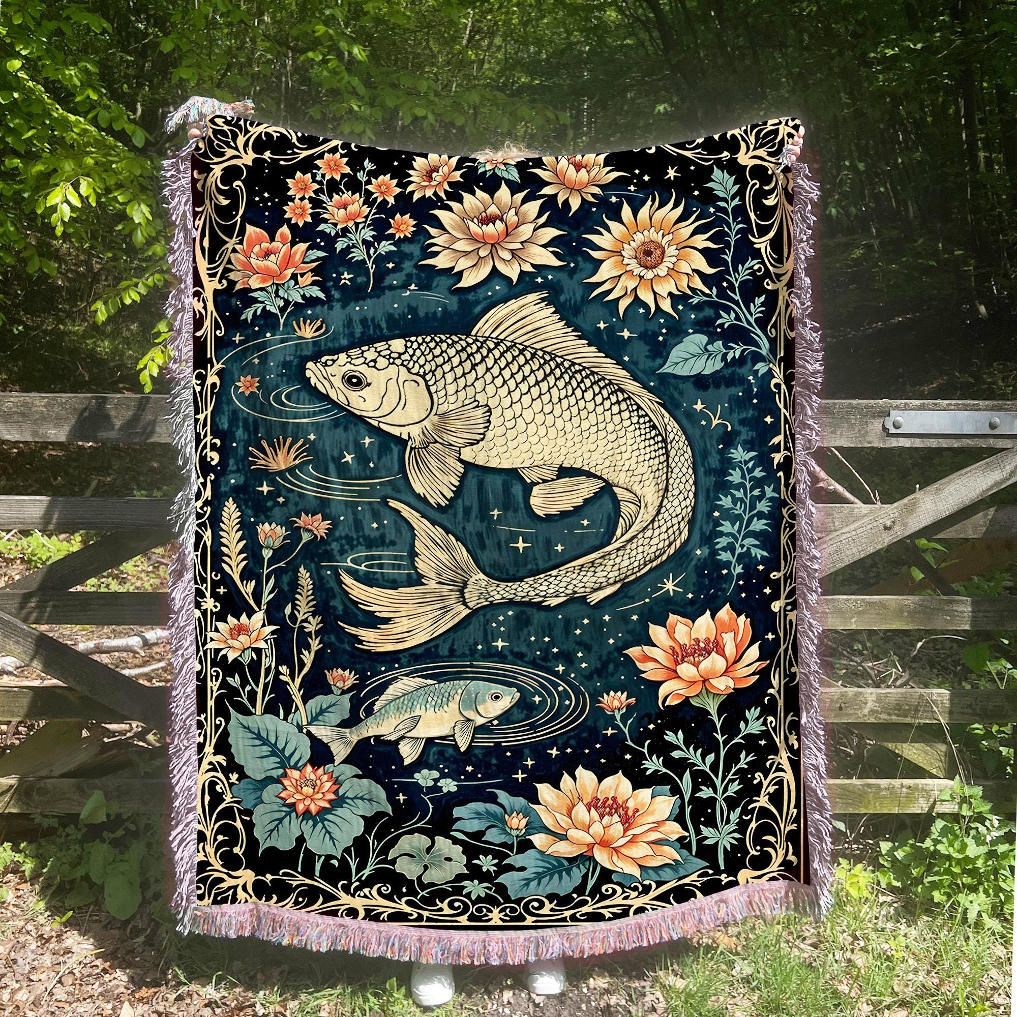 Koi Fish Pond Floral Fringe Throw Blanket, Gothic Witchy Picnic Blanket, Cottagecore Woven Soft Flannel Throw, Bedroom Lounge Home Decor