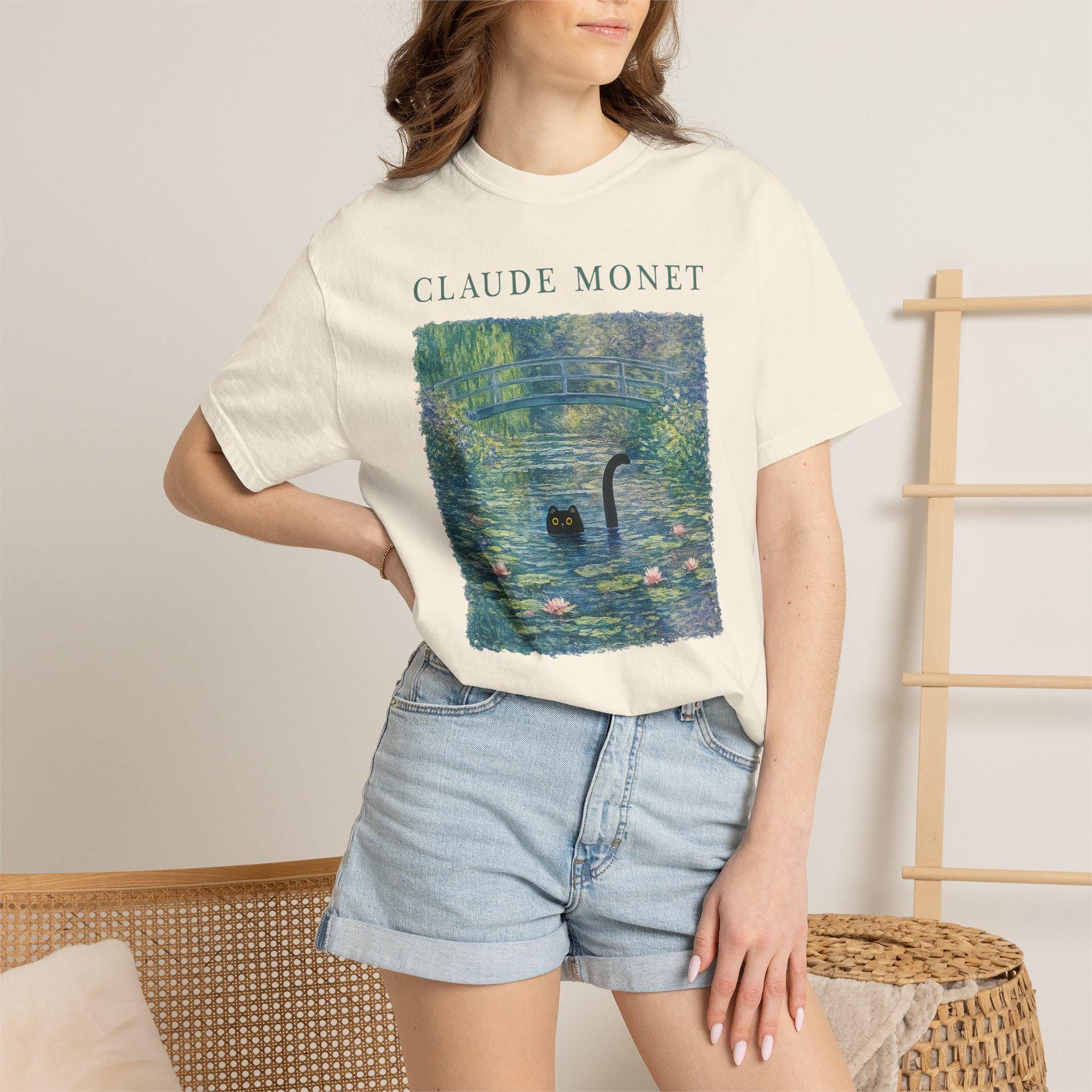 Claude Monet Inspired Black Cat T-shirt, Comfort Colors Bohemian Vintage Art Graphic Tee, Botanical Waterlily Animal Womens Top
