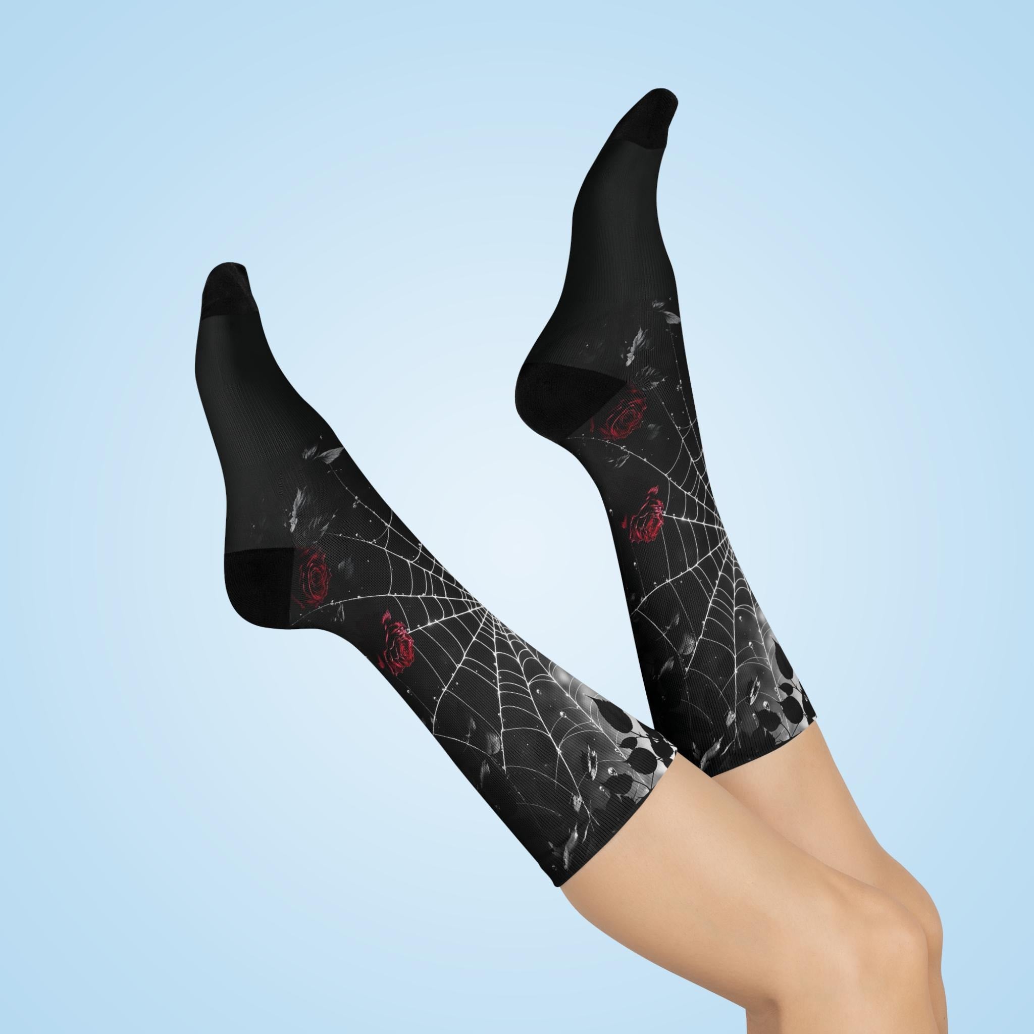 Black Spiderweb Rose Socks, Wildflower Cottagecore Witchy Socks, Emo Gothic Fashion, Indie Fantasy Hippie Womens Adults Unisex Socks