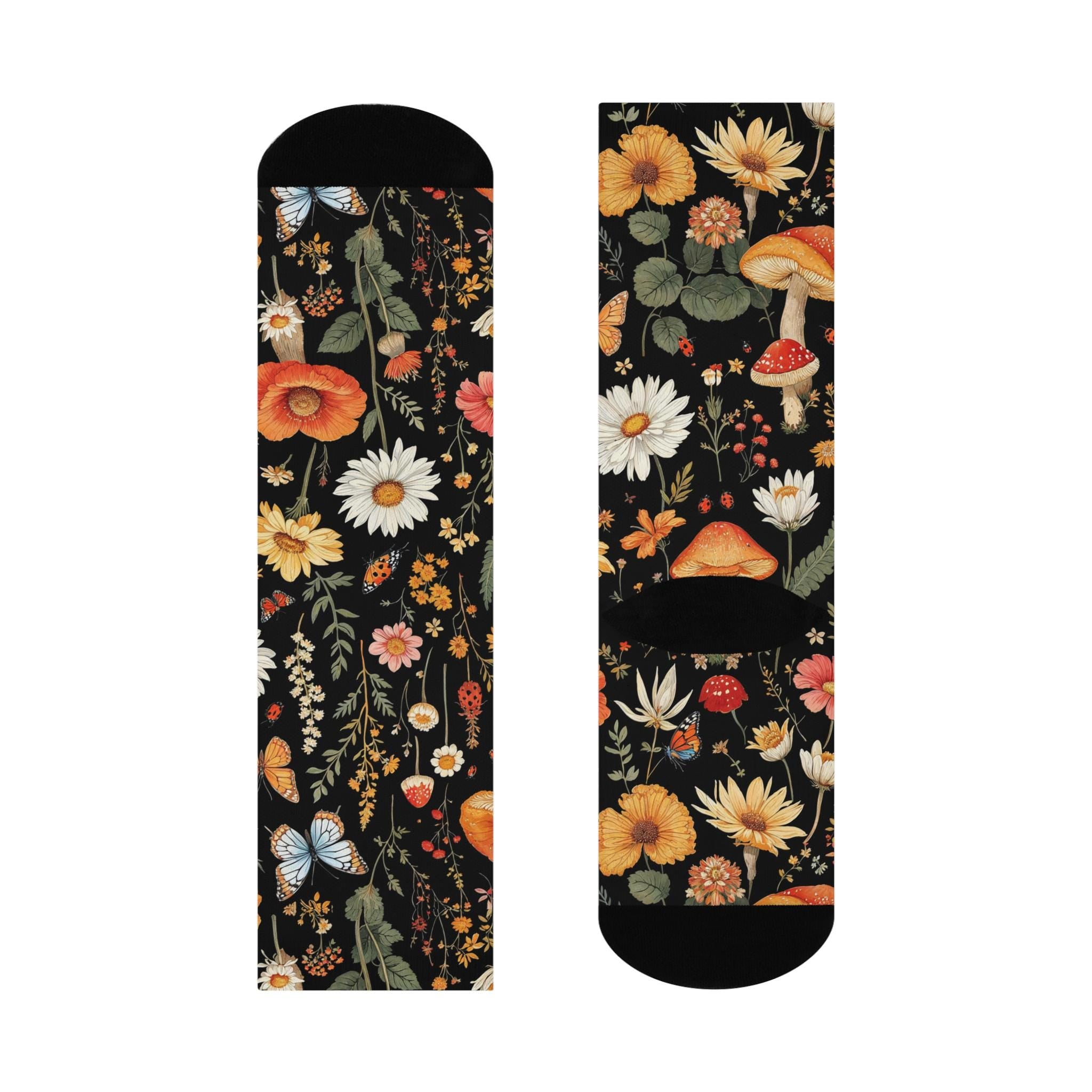 Orange Mushroom Wildflower Socks, Cottagecore Witchy Socks, Emo Punk Gothic Fashion, Mens Womens Adults Unisex Socks