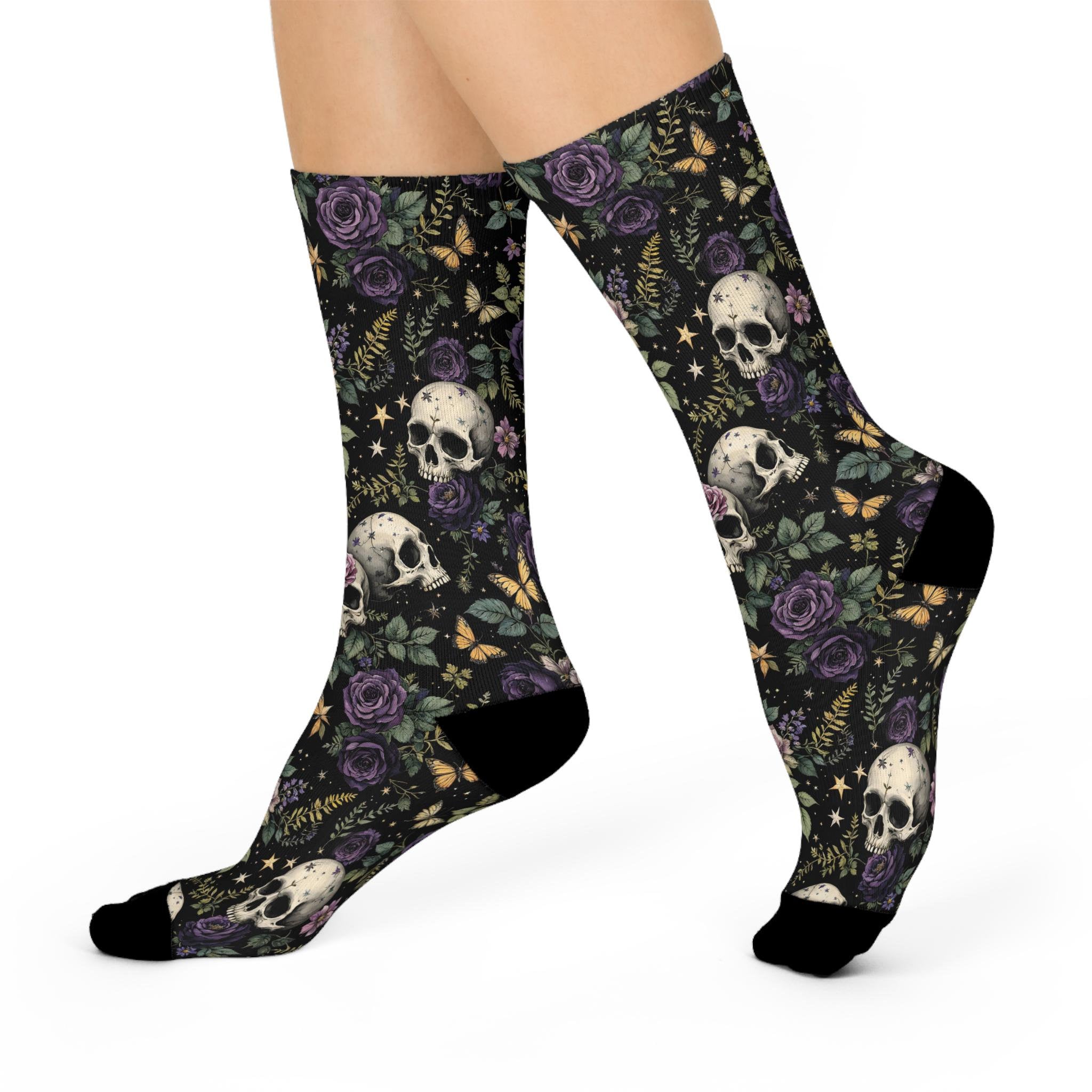 Purple Rose Skulls Socks, Butterfly Wildflower Cottagecore Witchy Socks, Fantasy Gothic Fashion, Hippie Womens Adults Unisex Socks