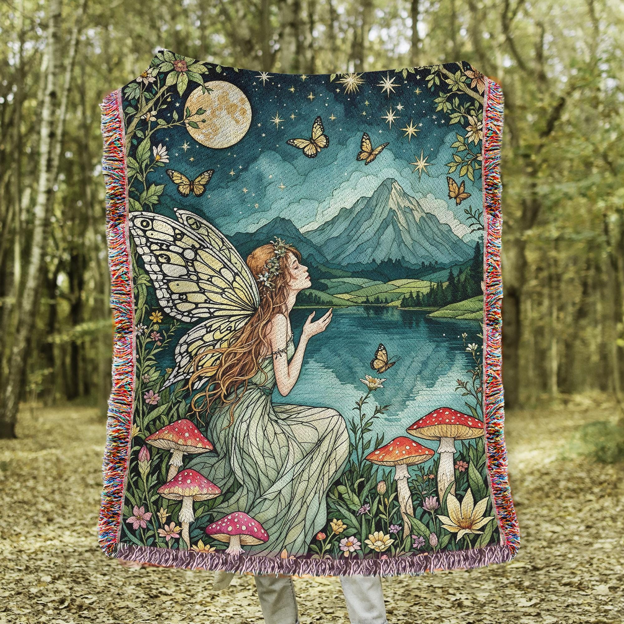 Mystic Moon Fairy Fringe Throw Blanket, Gothic Witchy Fringe Picnic Blanket, Cottagecore Woven Soft Flannel Throw, Bedroom Lounge Home Decor