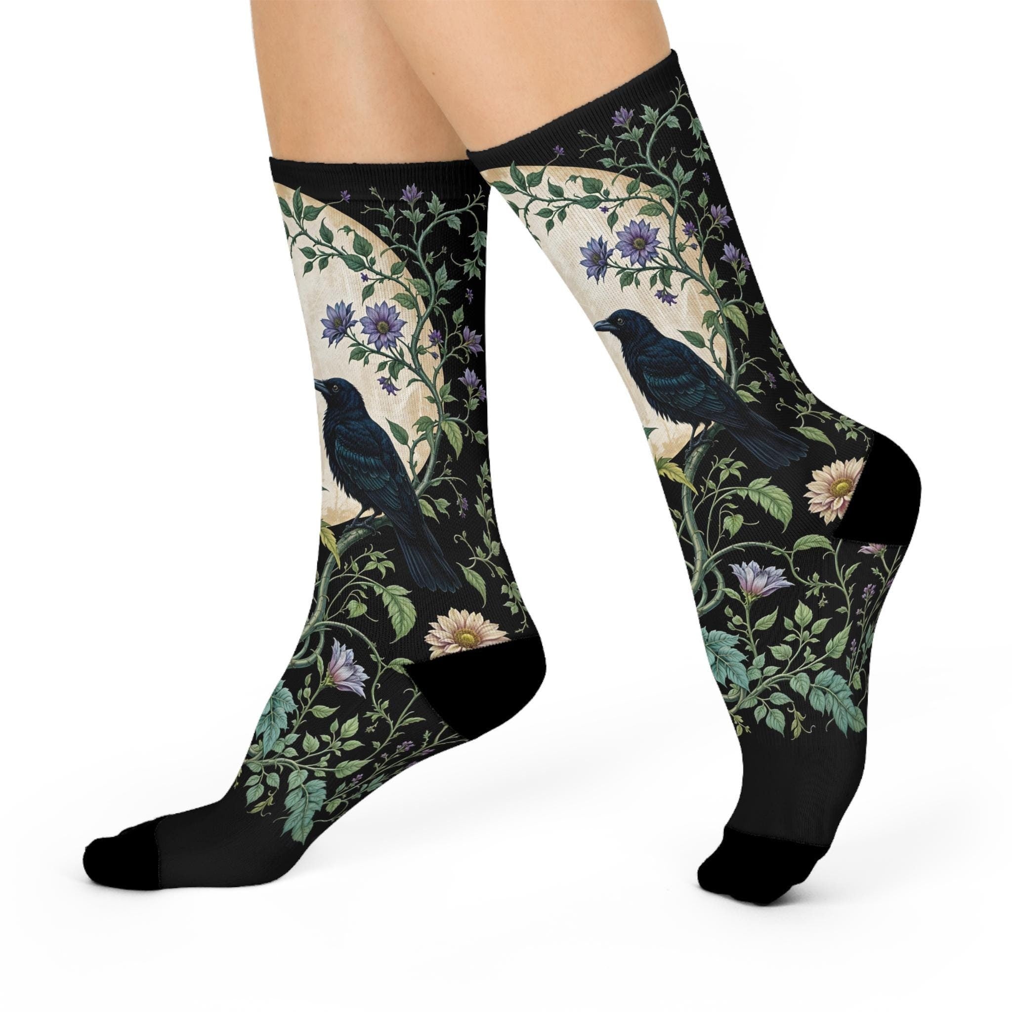 Full Moon Crow Socks, Green Wildflower Cottagecore Witchy Socks, Black Gothic Fashion, Indie Fantasy Hippie Womens Adults Unisex Socks