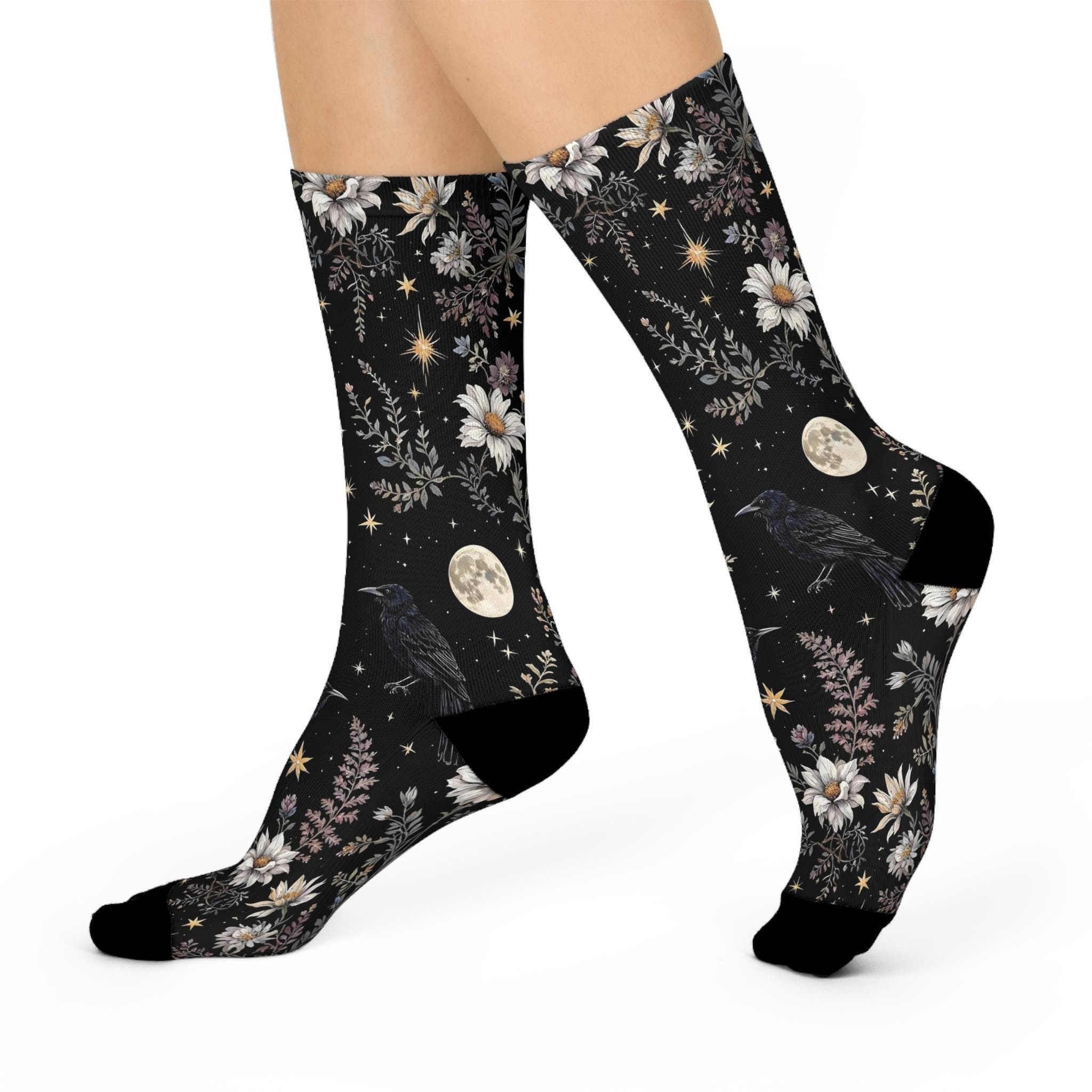 Black Crow Moon Socks, Cottagecore Witchy Socks, Emo Punk Gothic Fashion, Wildflower Womens Adults Unisex Socks
