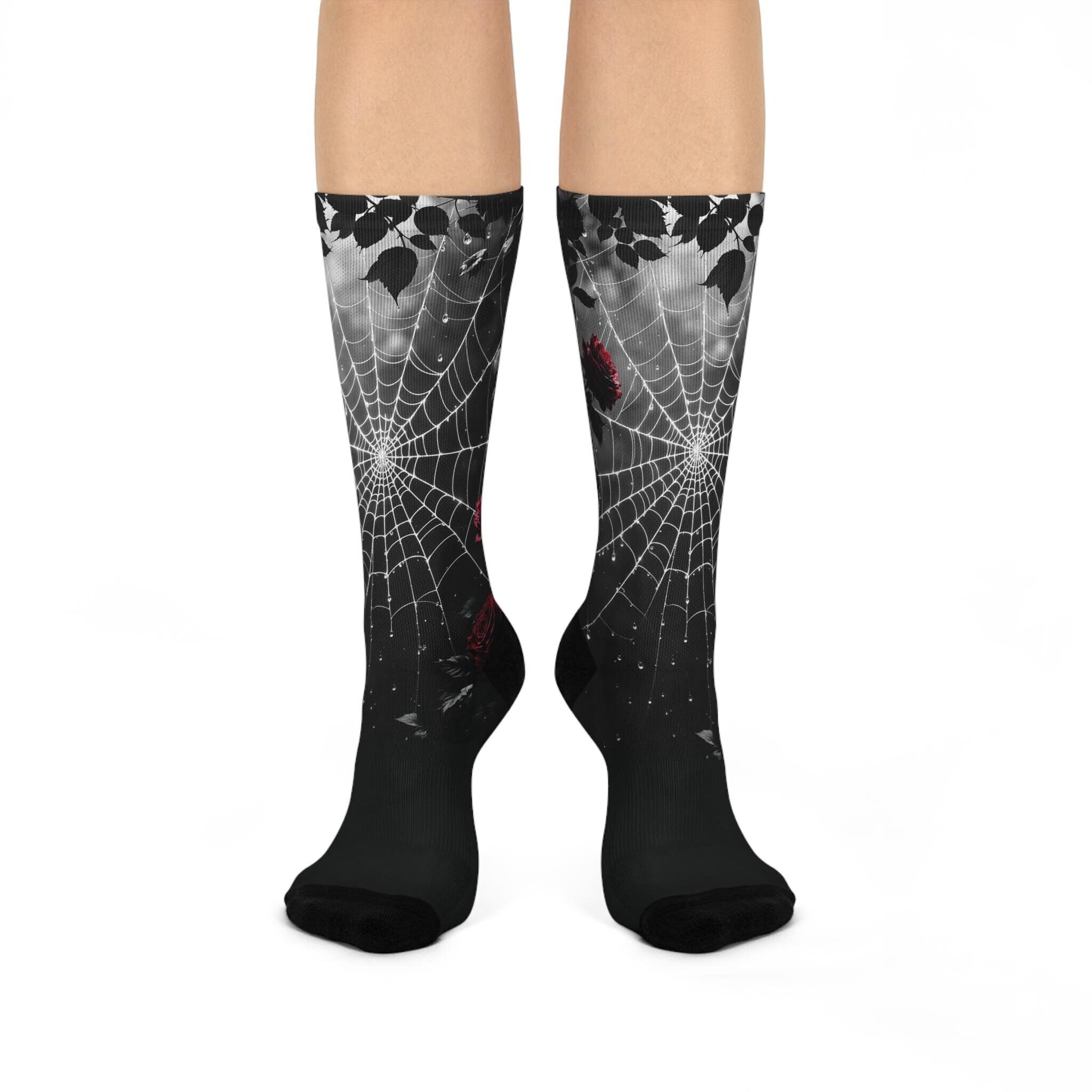 Black Spiderweb Rose Socks, Wildflower Cottagecore Witchy Socks, Emo Gothic Fashion, Indie Fantasy Hippie Womens Adults Unisex Socks
