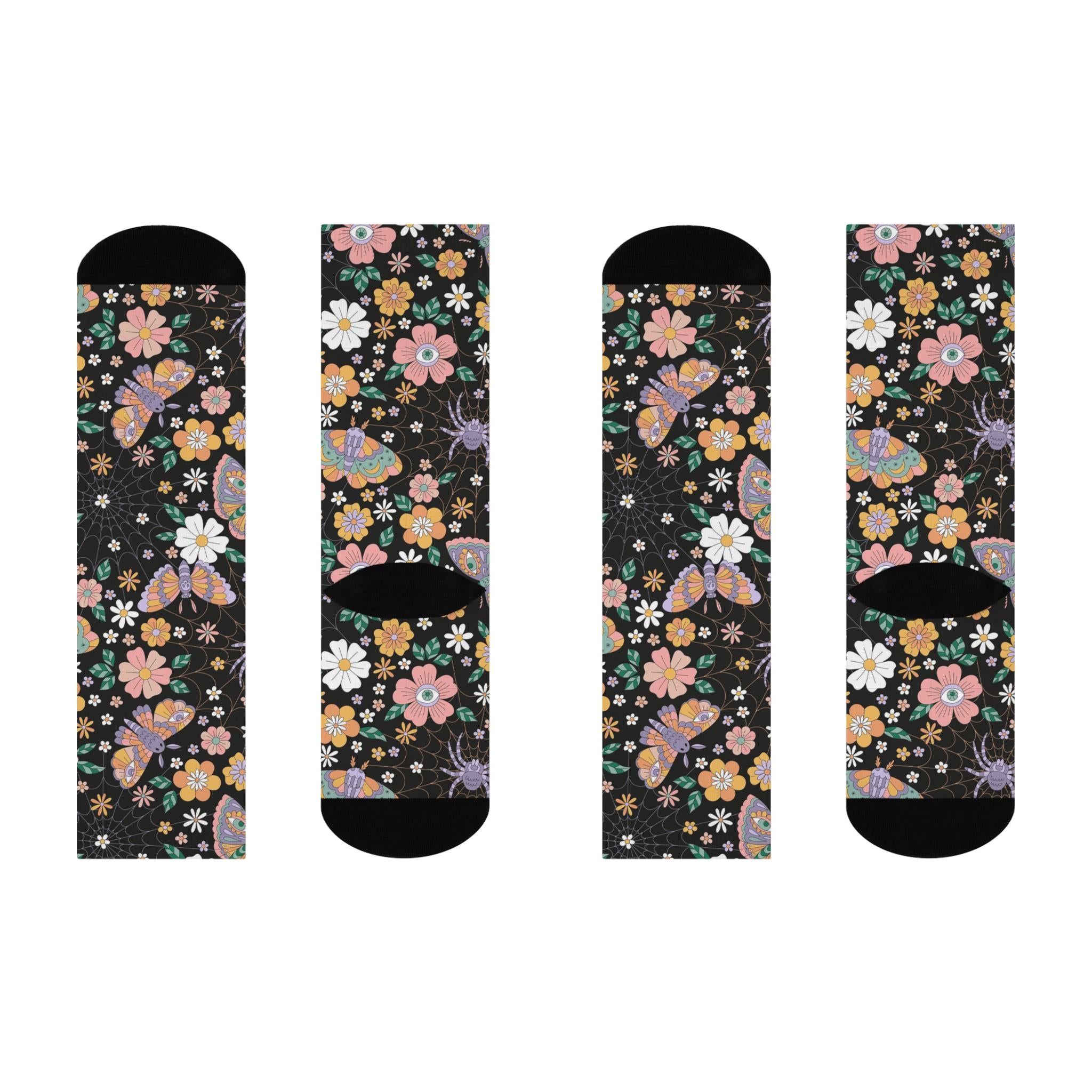 Spiderweb Wildflower Socks, Cottagecore Witchy Socks, Emo Punk Gothic Fashion, Groovy Hippie Womens Adults Unisex Socks