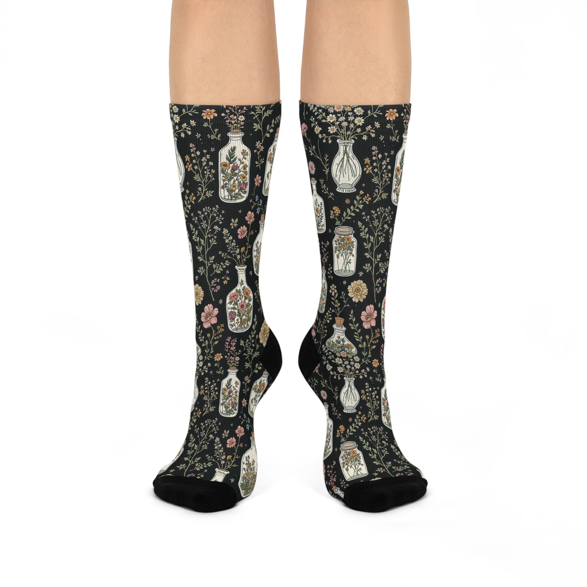 Herbology Glass Jar Flowers Socks, Mosaic Wildflower Cottagecore Witchy Socks, Gothic Fashion, Indie Fantasy Womens Adults Unisex Socks
