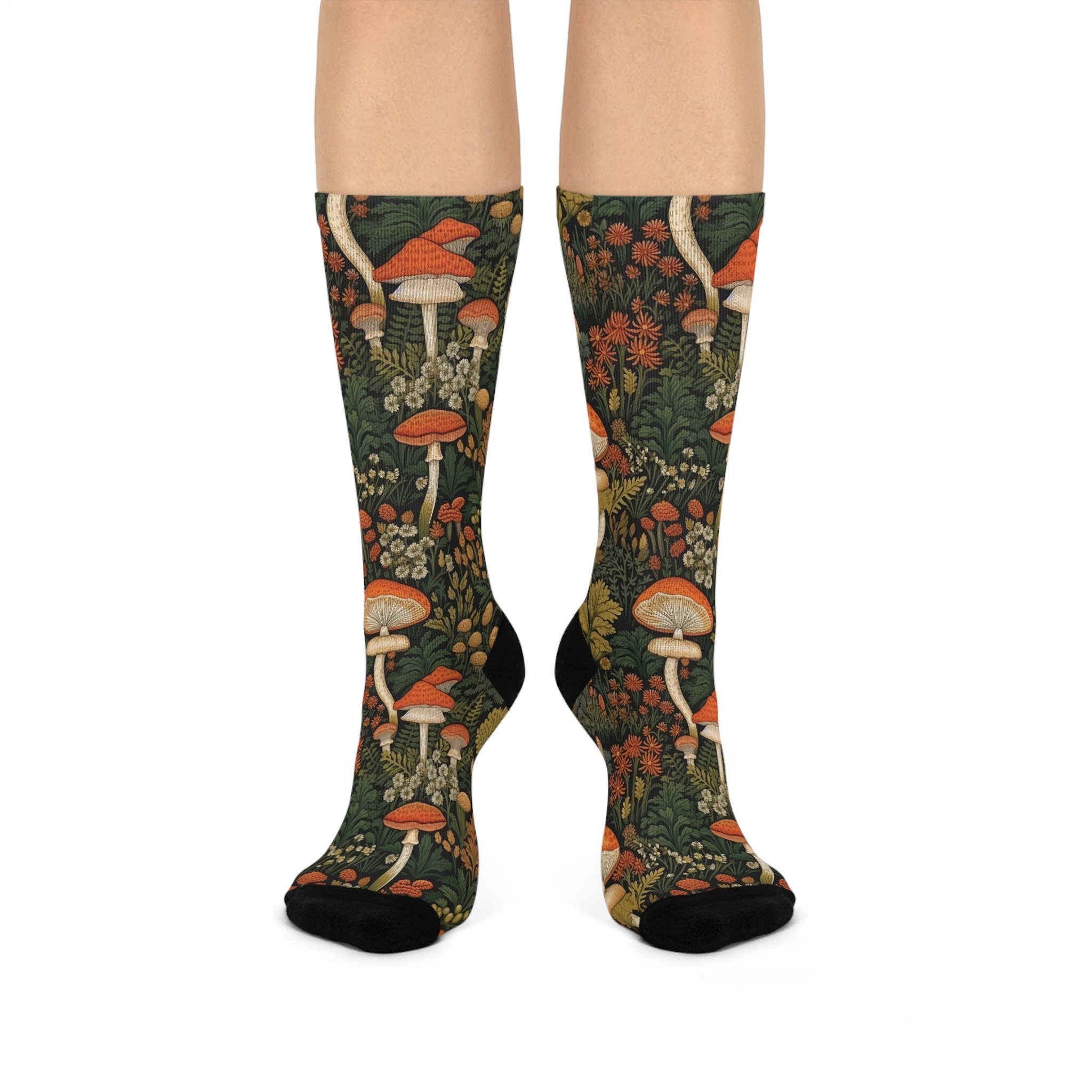 Green Mushroom Wildflower Socks, Cottagecore Witchy Socks, Wildflower Boho Gift, Floral Womens Adults Unisex Socks