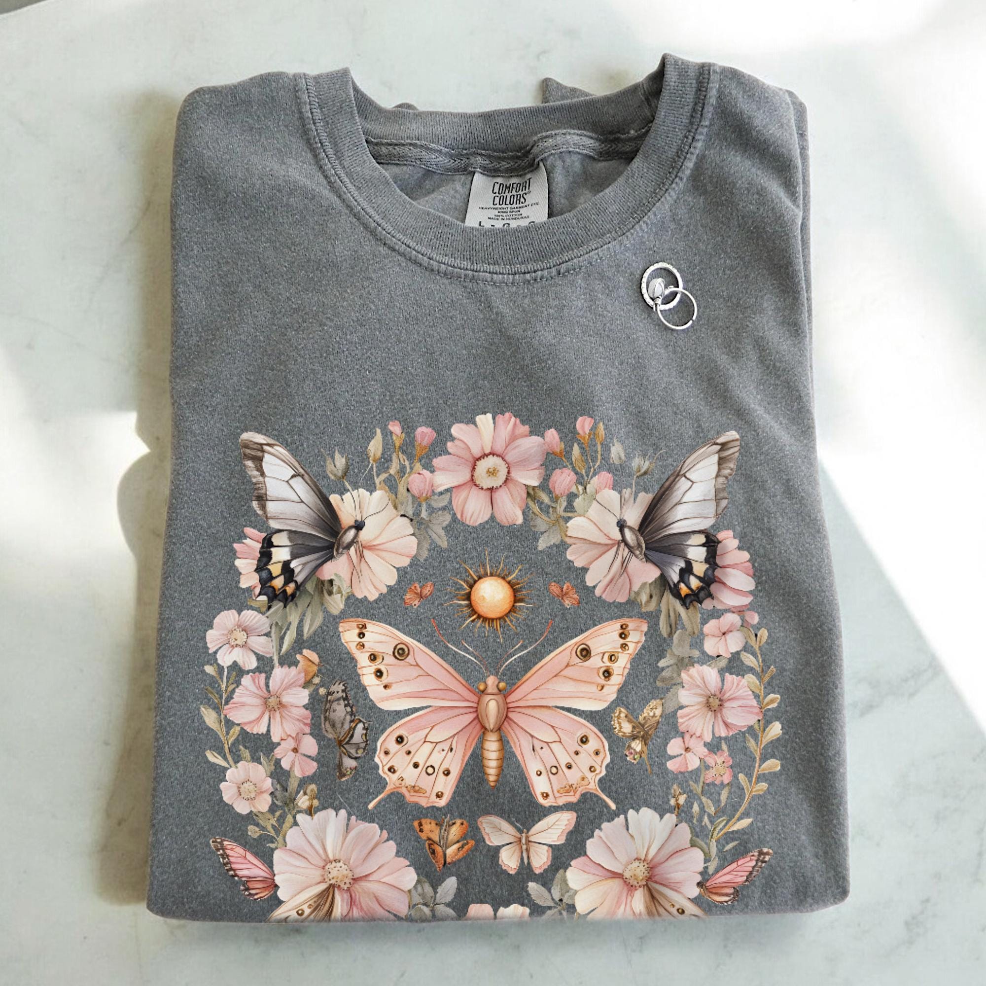 Pink Butterfly Wildflower T-shirt, Comfort Colors Cottagecore Graphic Tee, Gothic Nature Garden Lover Womens Top