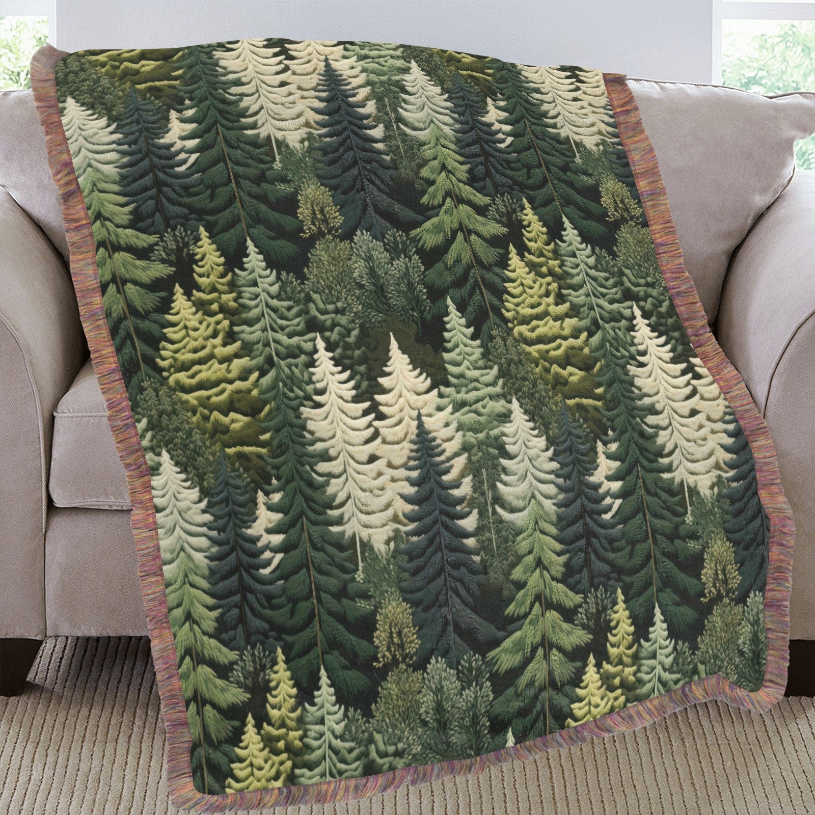 Green Tree Forest Throw Blanket, Witchy Fringe Picnic Blanket, Nature Cottagecore Ultra Soft Flannel Throw, Hippie Bedroom Lounge Home Decor
