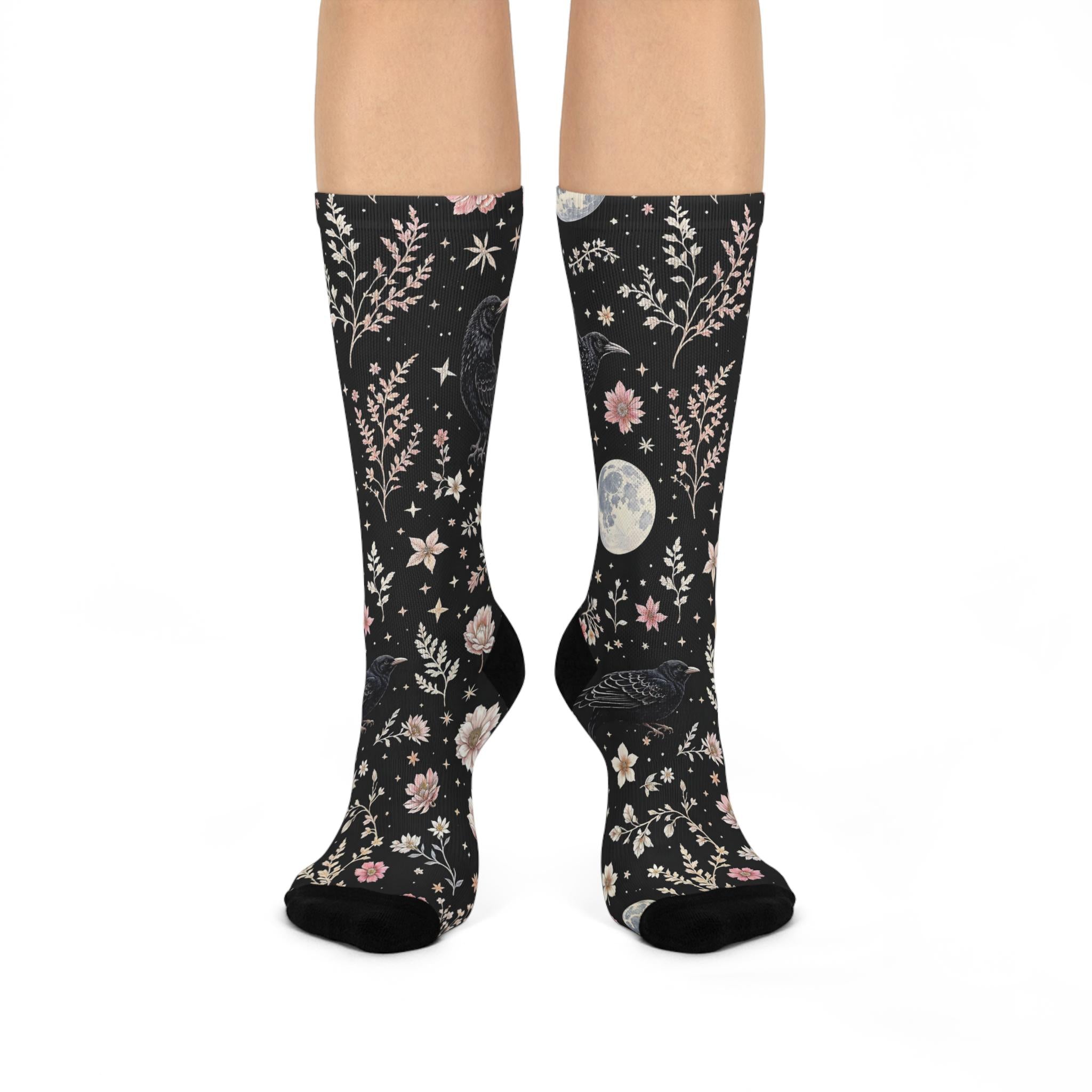 Black Raven Wildflower Socks, Cottagecore Witchy Socks, Emo Punk Gothic Fashion, Mens Womens Adults Unisex Socks