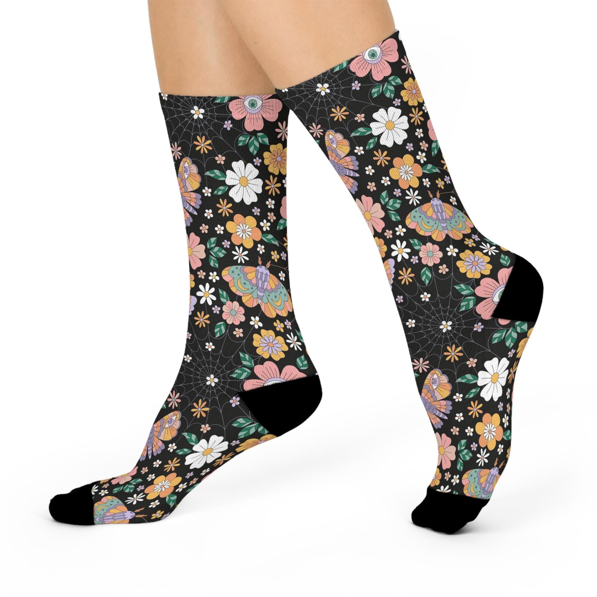 Spiderweb Wildflower Socks, Cottagecore Witchy Socks, Emo Punk Gothic Fashion, Groovy Hippie Womens Adults Unisex Socks
