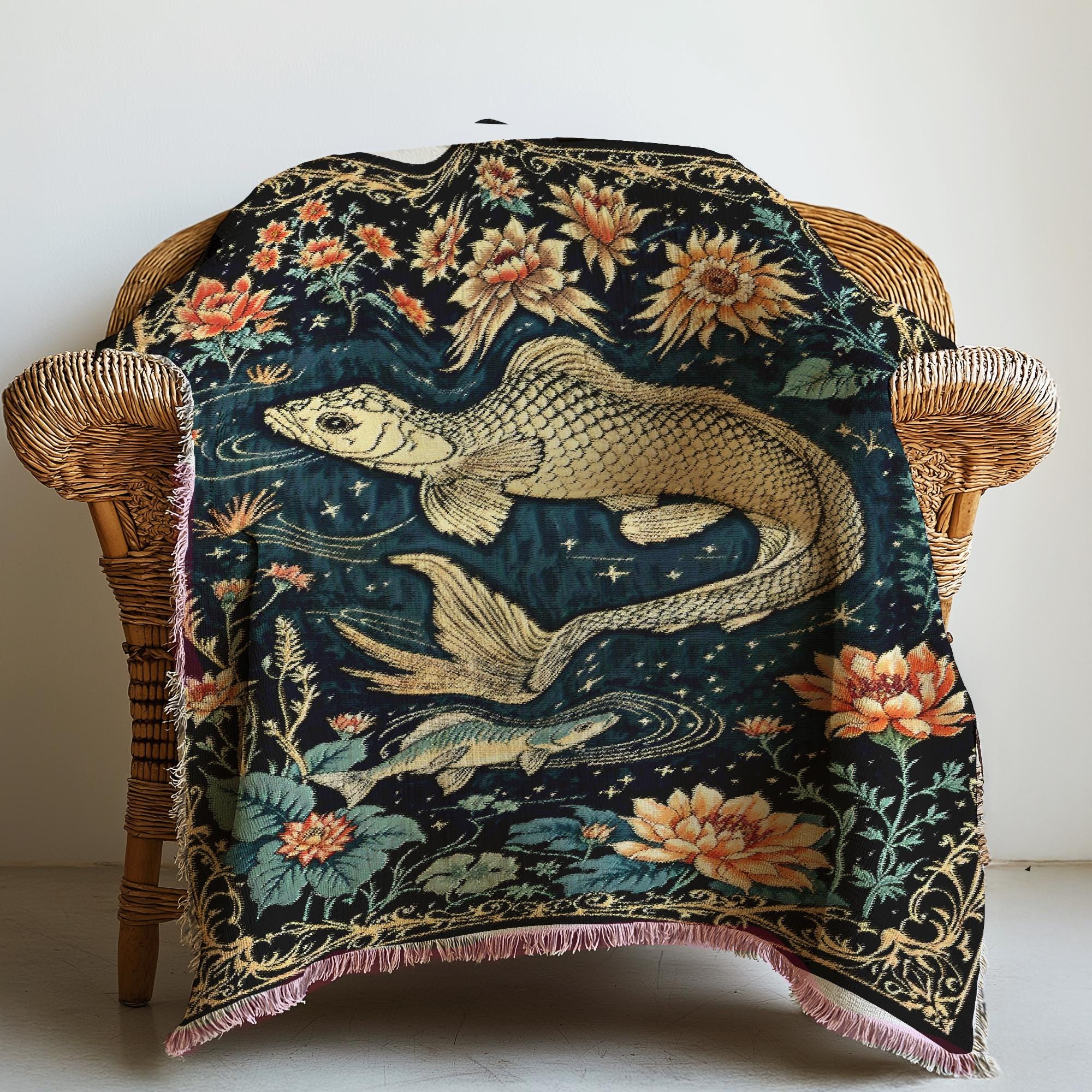 Koi Fish Pond Floral Fringe Throw Blanket, Gothic Witchy Picnic Blanket, Cottagecore Woven Soft Flannel Throw, Bedroom Lounge Home Decor