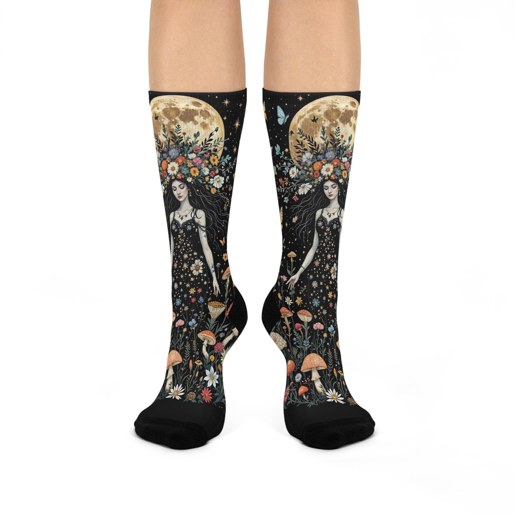 Celestial Goddess Mushroom Moth Socks, Moon Wildflower Cottagecore Witchy Socks, Fantasy Gothic Fashion, Hippie Womens Adults Unisex Socks