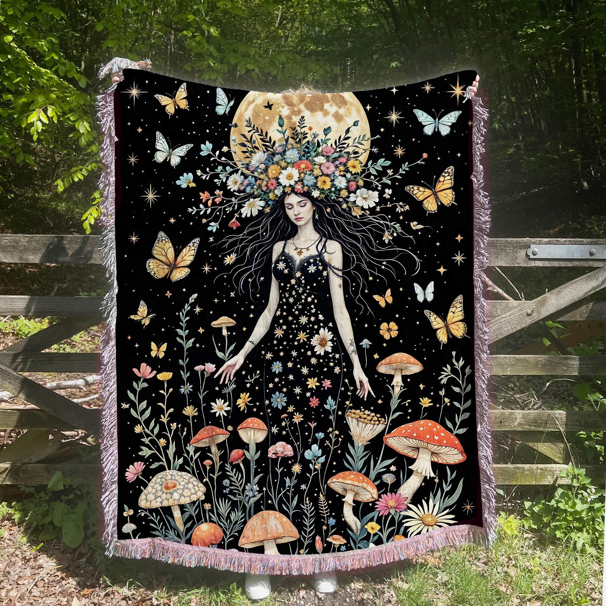 Wildflower Goddess Fringe Throw Blanket, Gothic Witchy Picnic Blanket, Cottagecore Woven Soft Flannel Throw, Bedroom Lounge Home Decor