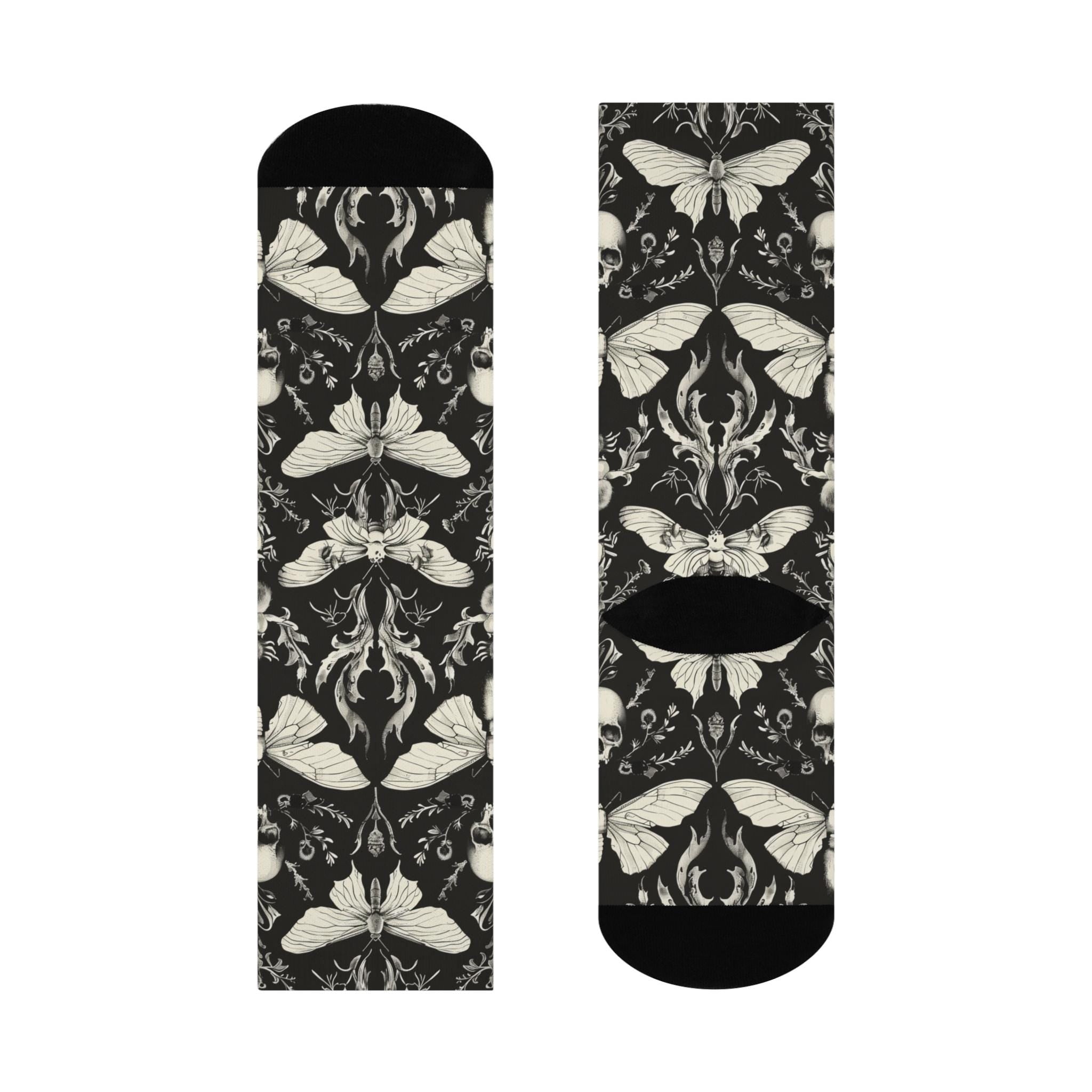 Skull Moth Gothic Socks, Cottagecore Witchy Socks, Emo Punk Fashion, Black Hippie Mens Womens Adults Unisex Socks