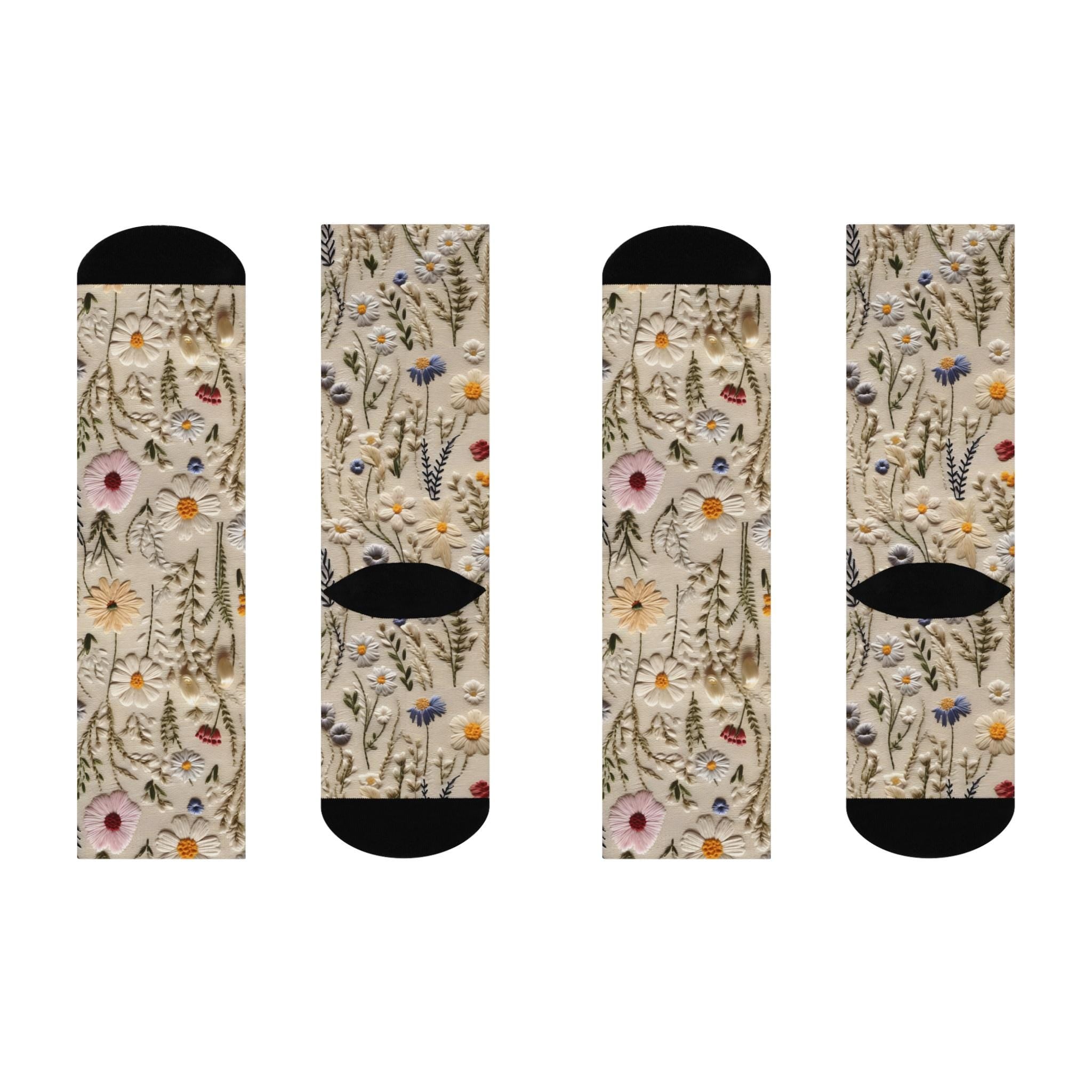 Faux Embroidery Look Floral Socks, Wildflower Cottagecore Witchy Socks, Emo Punk Gothic Fashion, Hippie Womens Adults Unisex Socks