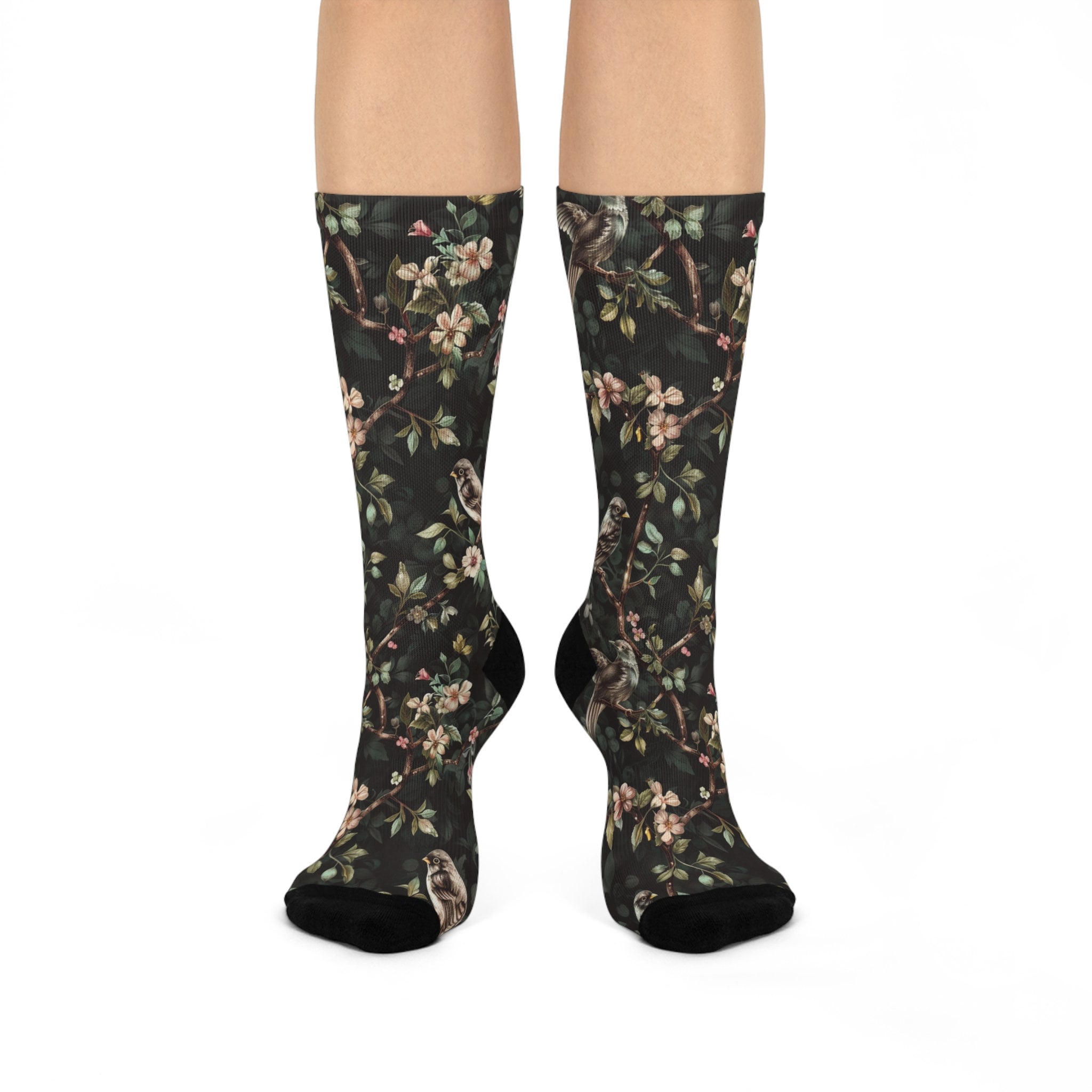 Birds and Flowers Green Wildflower Socks, Cottagecore Witchy Socks, Boho Gift, Womens Adults Unisex Socks