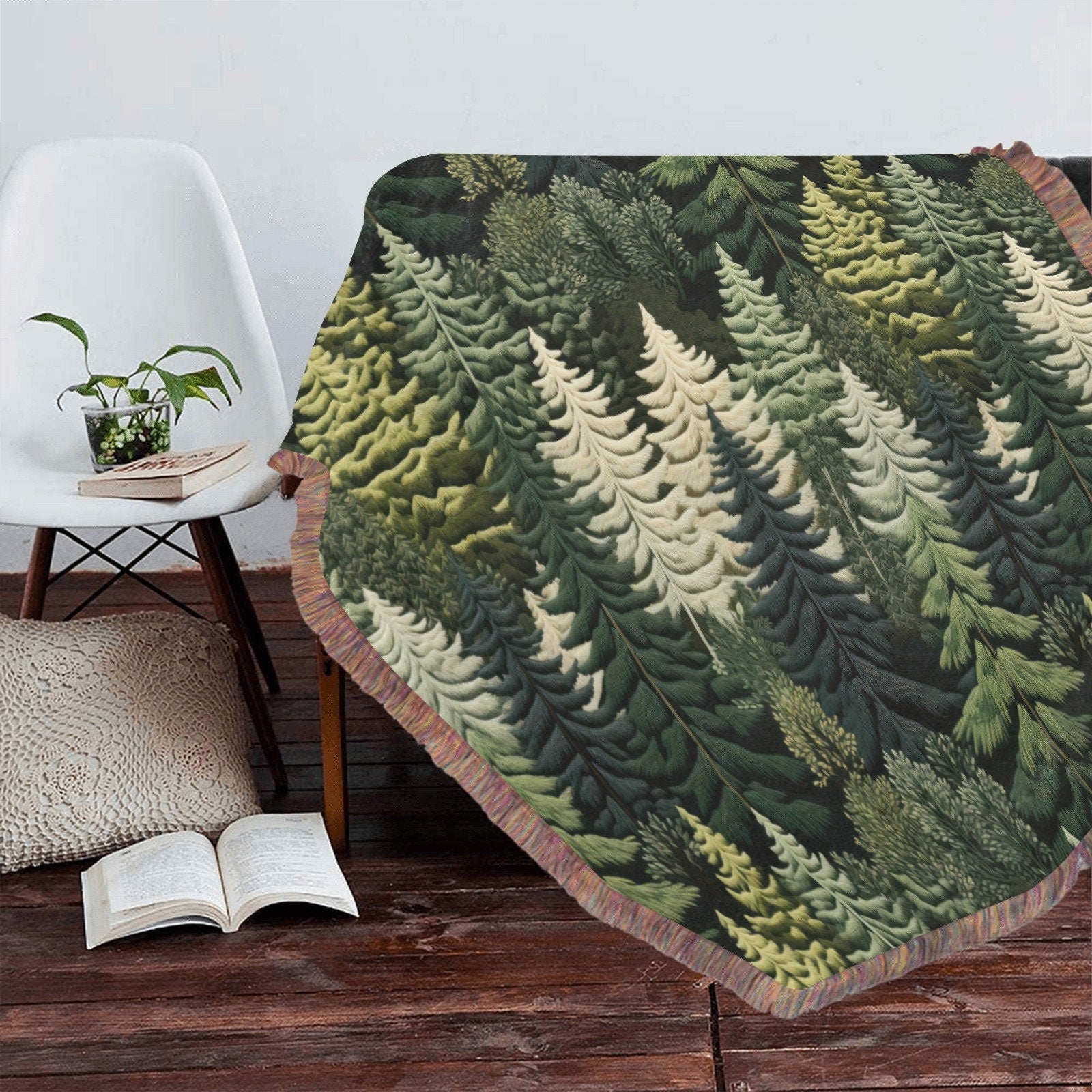Green Tree Forest Throw Blanket, Witchy Fringe Picnic Blanket, Nature Cottagecore Ultra Soft Flannel Throw, Hippie Bedroom Lounge Home Decor