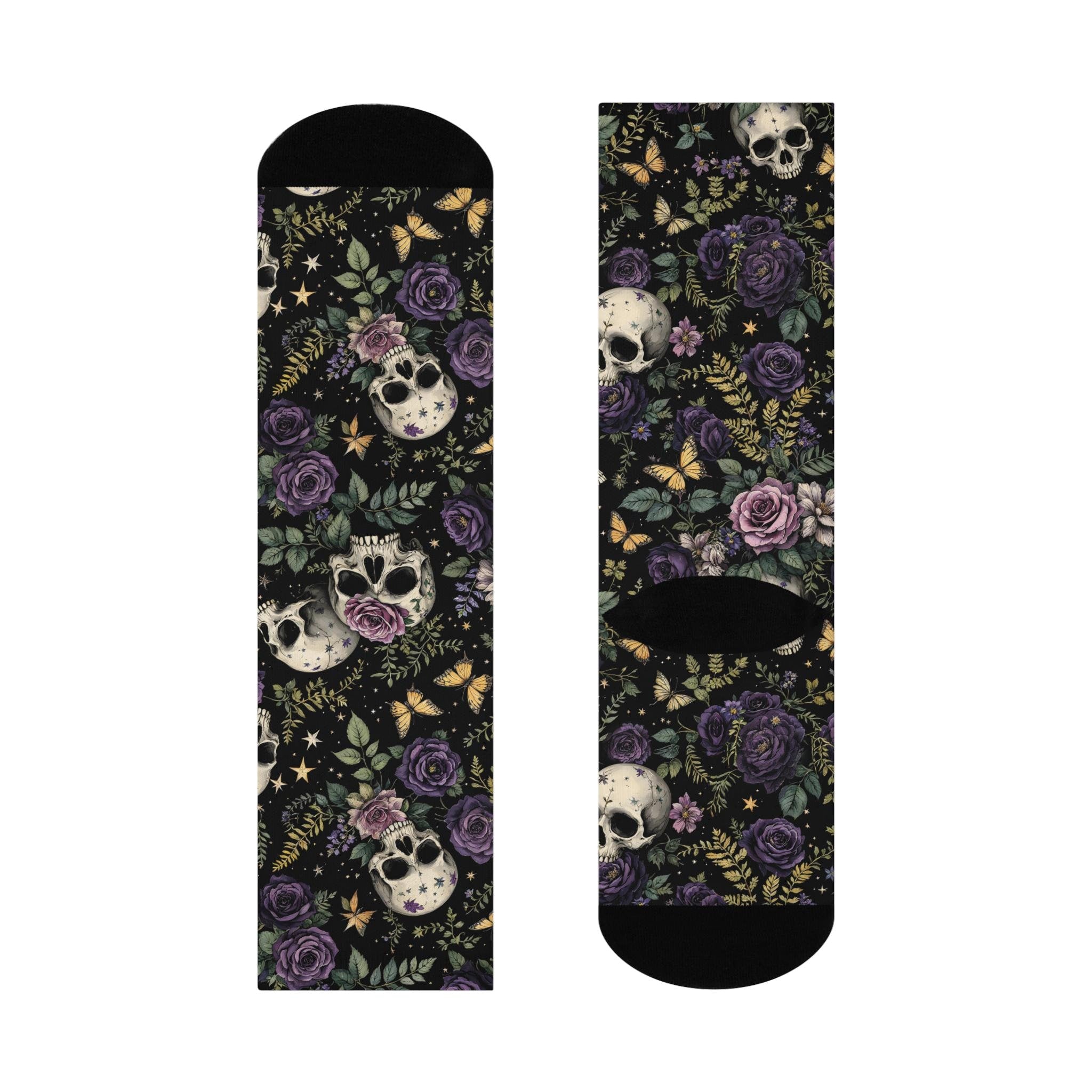 Purple Rose Skulls Socks, Butterfly Wildflower Cottagecore Witchy Socks, Fantasy Gothic Fashion, Hippie Womens Adults Unisex Socks