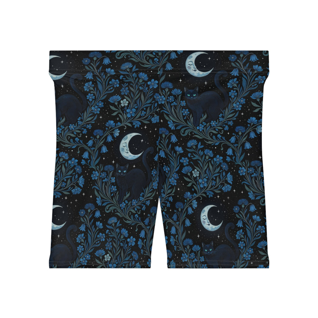 Moonlit Cat & Wildflowers Biker Shorts